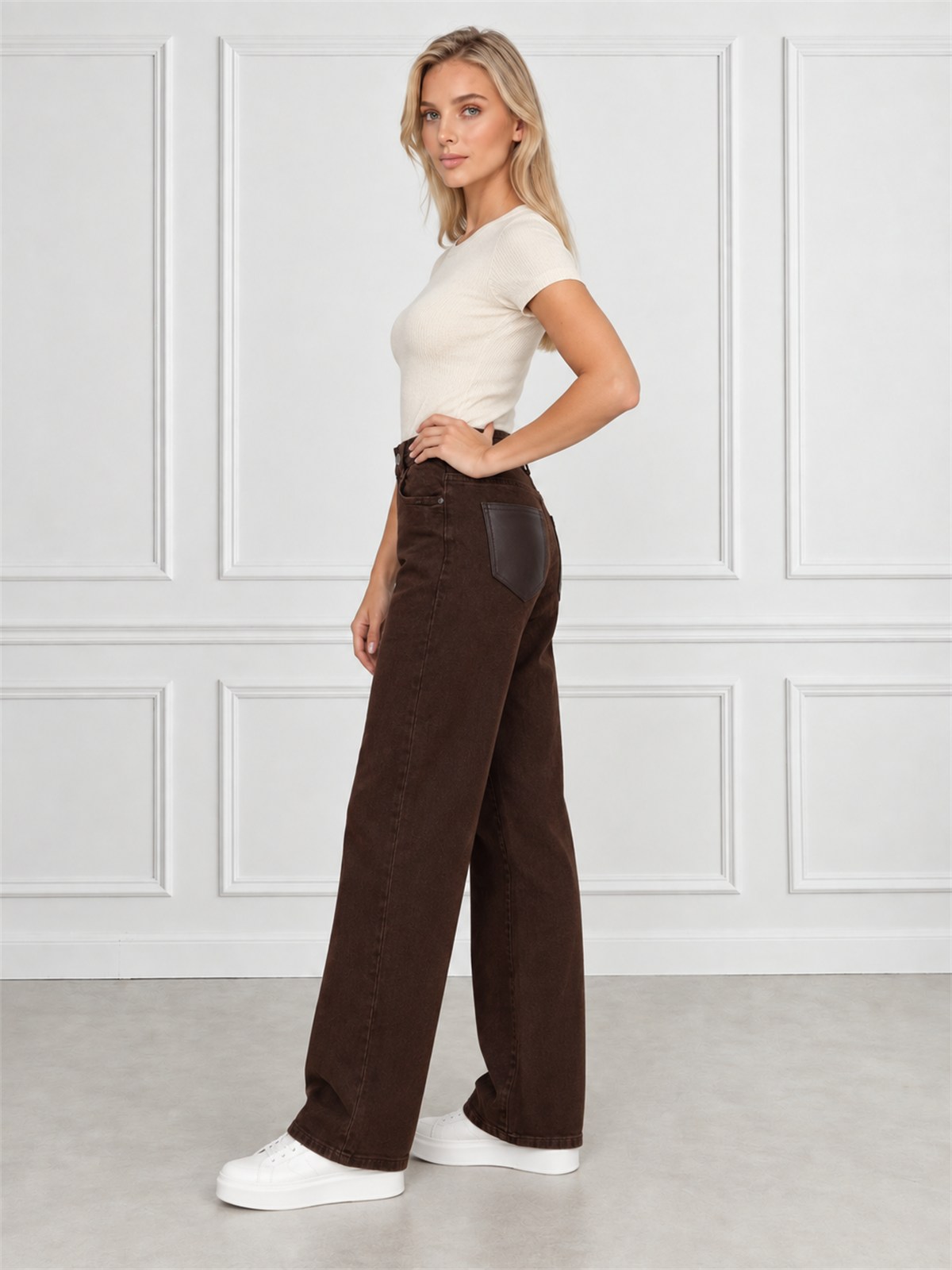 Spodnie jeans damskie M.Sara szerokie proste nogawki Straight Czekoladowe - J262017