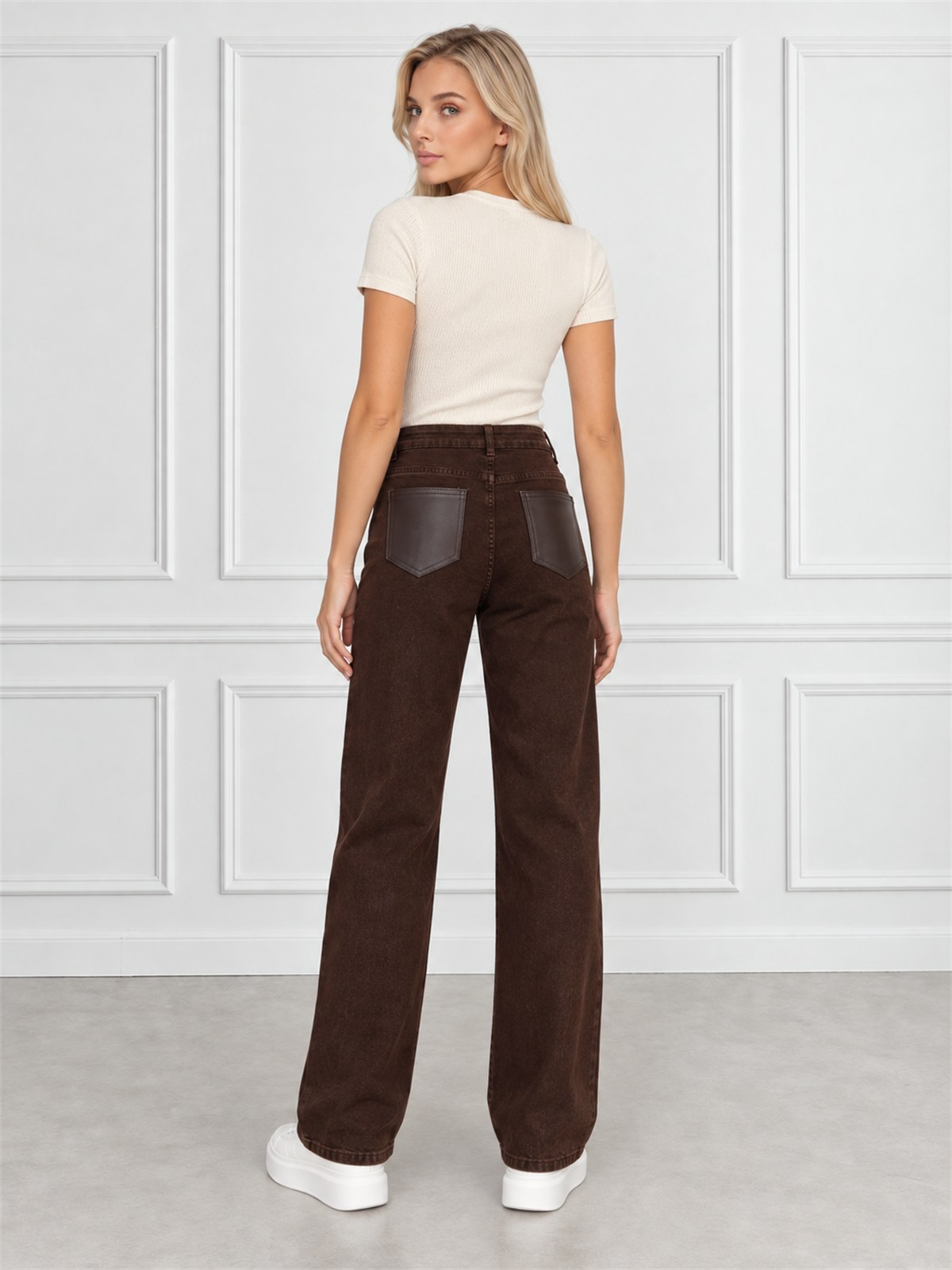 Spodnie jeans damskie M.Sara szerokie proste nogawki Straight Czekoladowe - J262017
