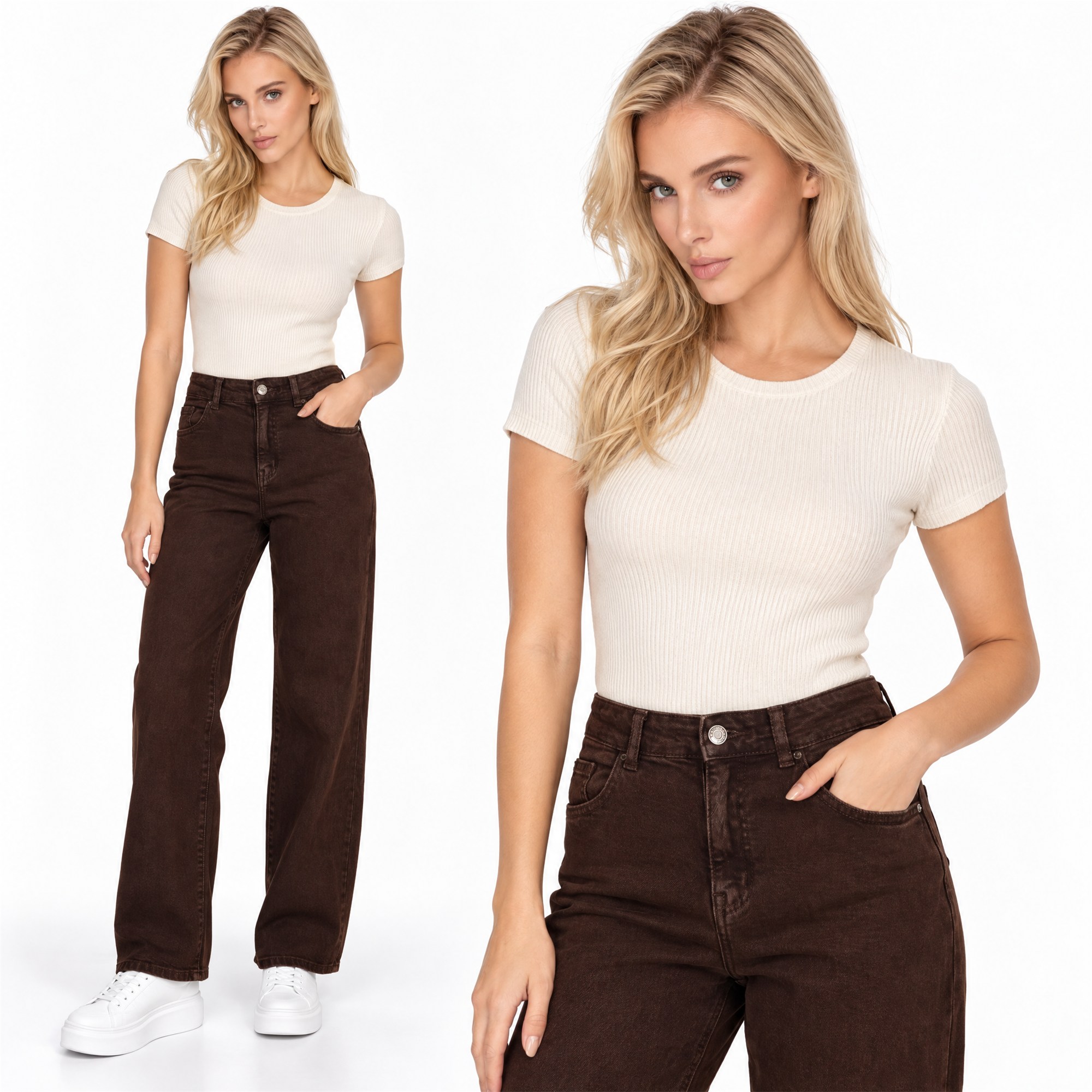Spodnie jeans damskie M.Sara szerokie proste nogawki Straight Czekoladowe - J262017