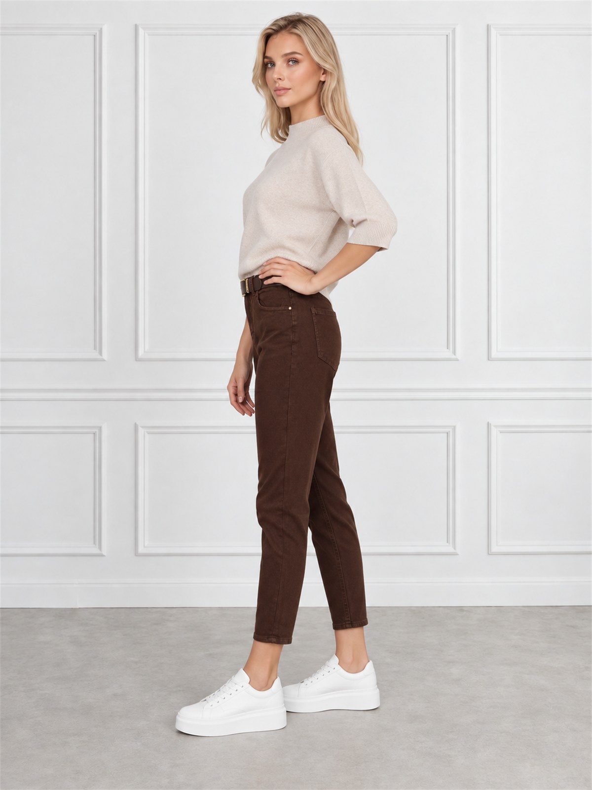 Spodnie jeans damskie M.Sara Boyfriend wysoki stan Czekoladowe - J261997