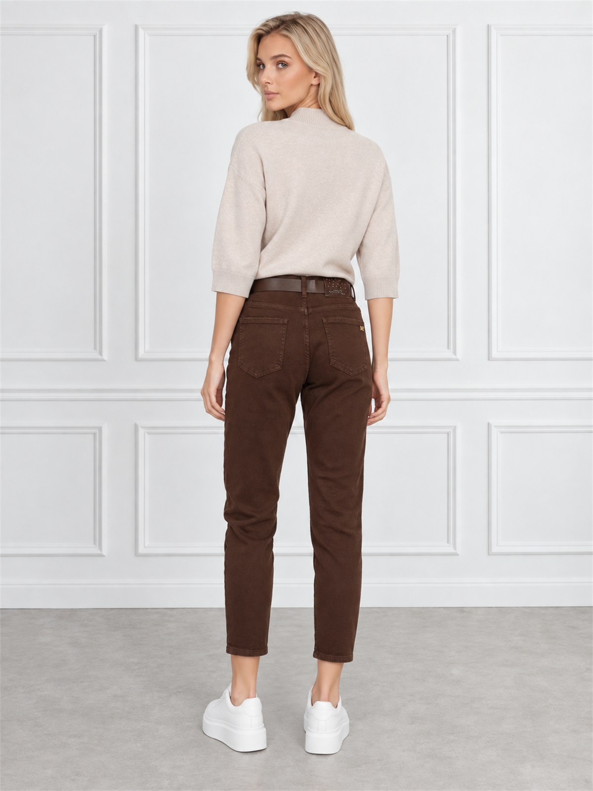Spodnie jeans damskie M.Sara Boyfriend wysoki stan Czekoladowe - J261997