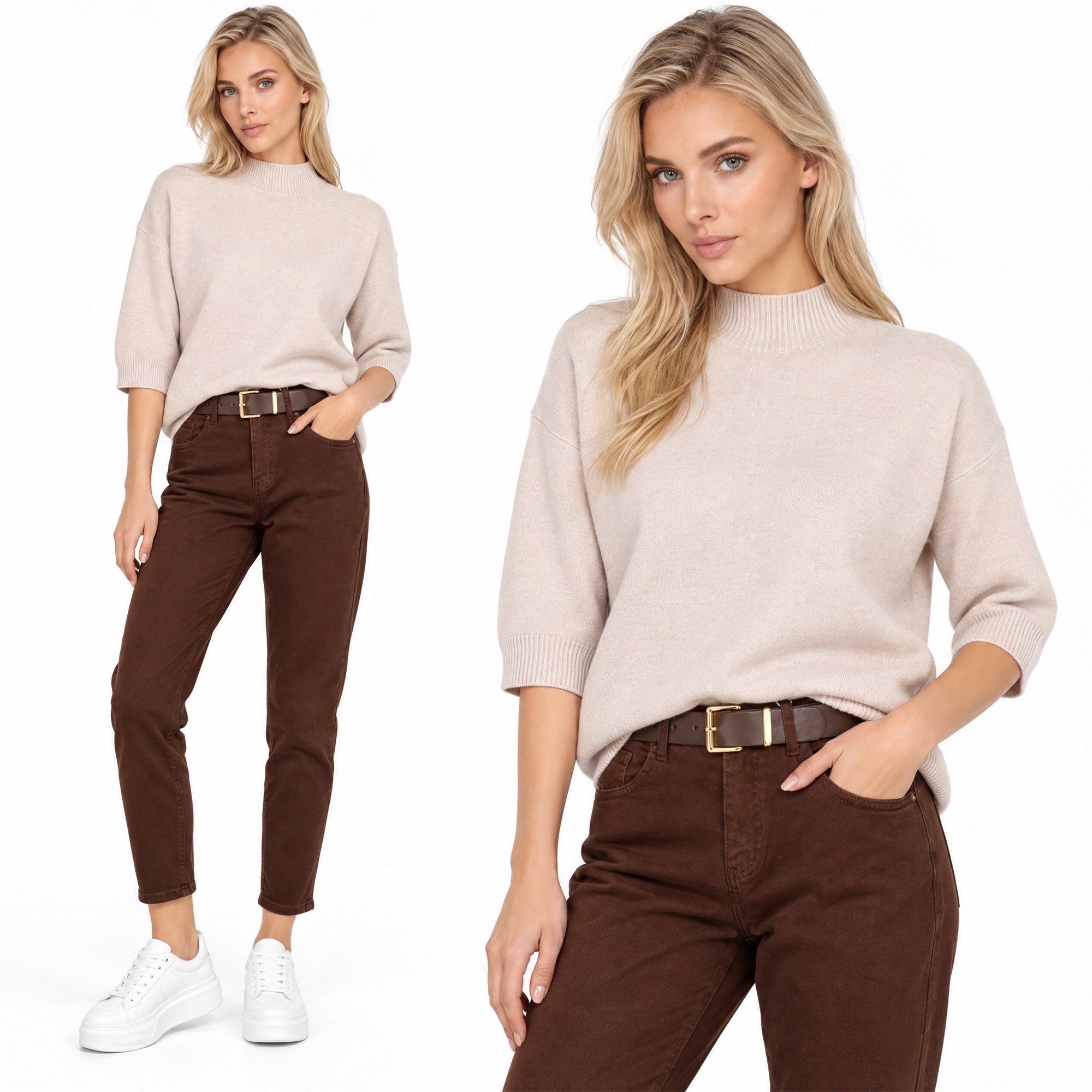 Spodnie jeans damskie M.Sara Boyfriend wysoki stan Czekoladowe - J261997