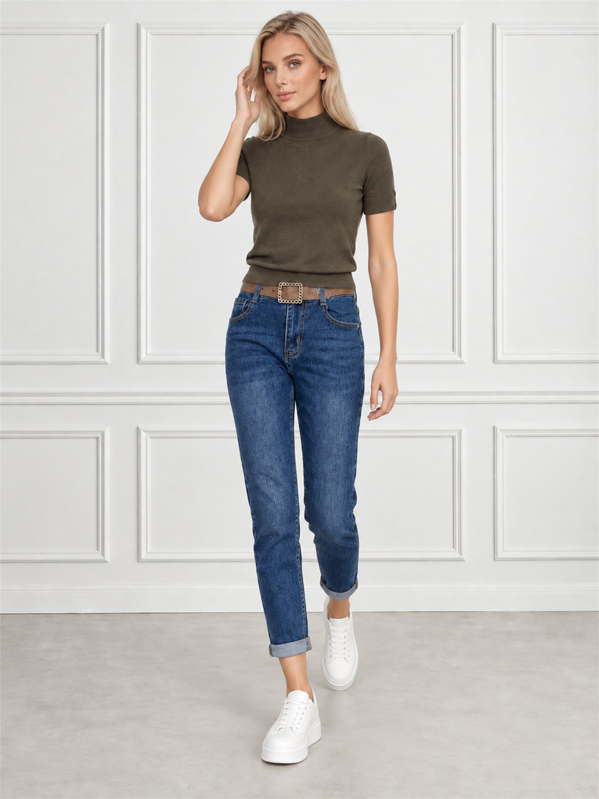 Spodnie jeans damskie M.Sara Boyfriend wysoki stan Ciemnoniebieskie - J262022