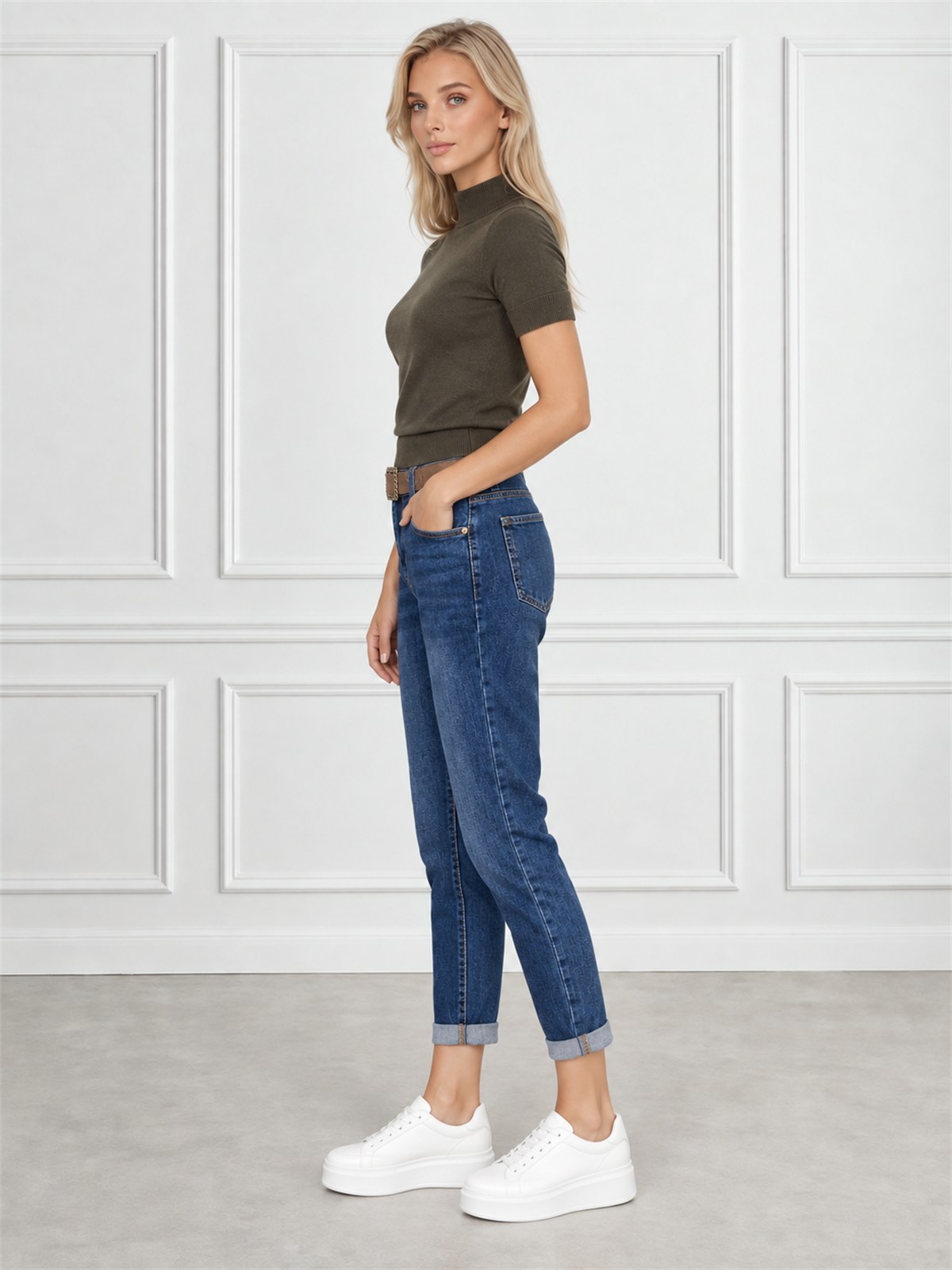 Spodnie jeans damskie M.Sara Boyfriend wysoki stan Ciemnoniebieskie - J262022