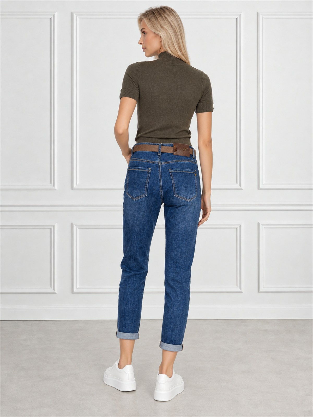 Spodnie jeans damskie M.Sara Boyfriend wysoki stan Ciemnoniebieskie - J262022