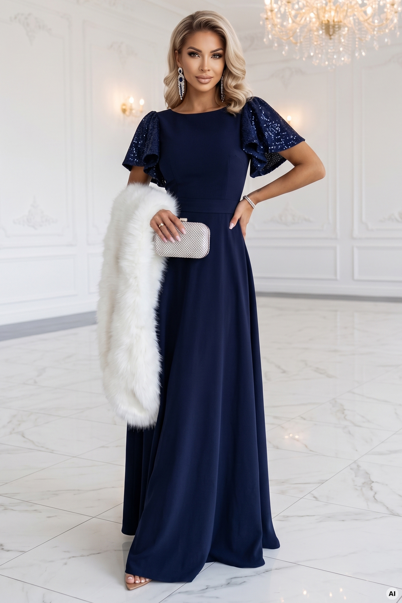 694-4 MIRELLA Elegancka rozkloszowana sukienka maxi z cekinowymi rękawkami - granatowa-7 68716 
