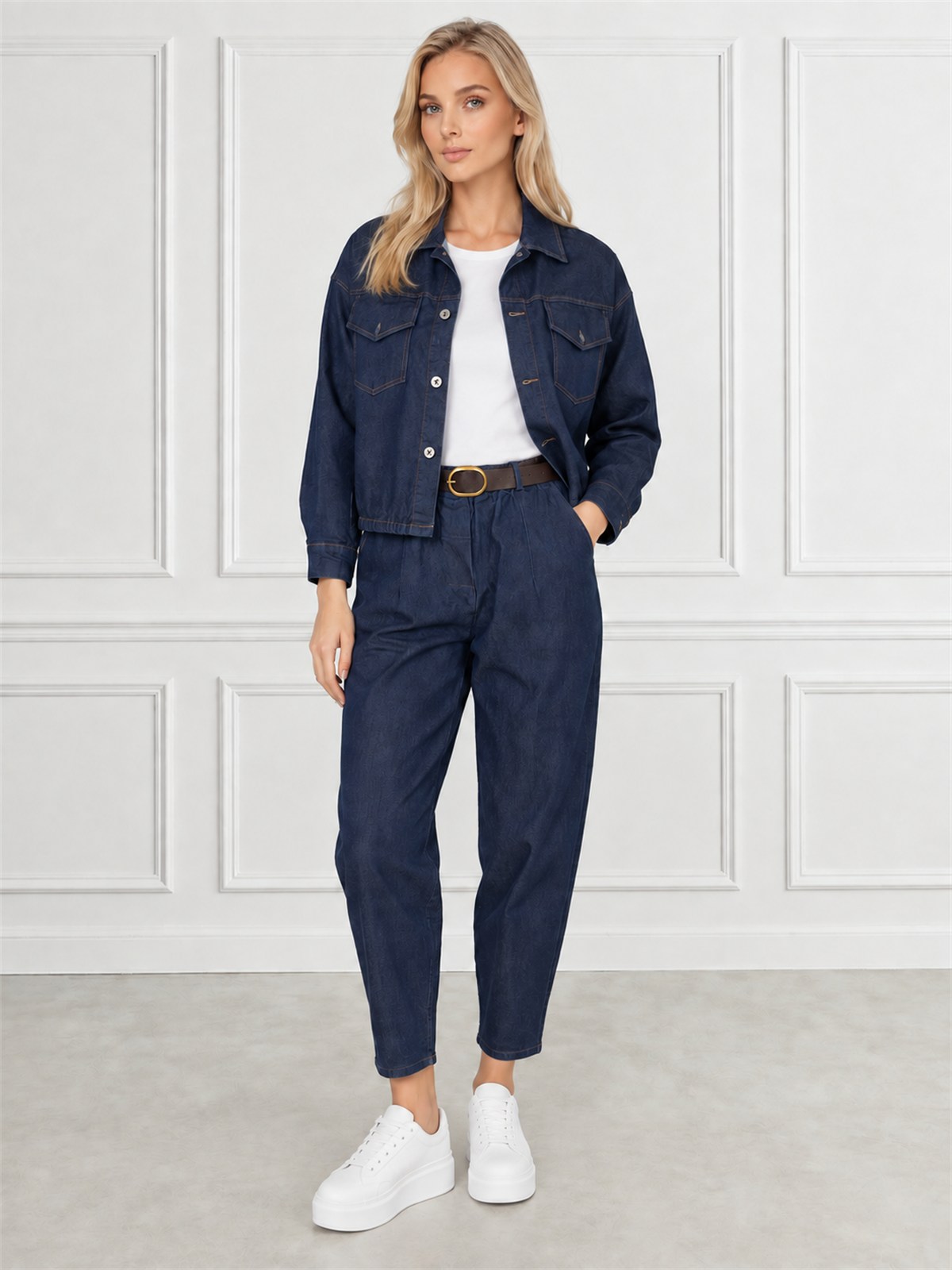 Spodnie jeans damskie z szeroką nogawką Balloon Granatowe - J262032