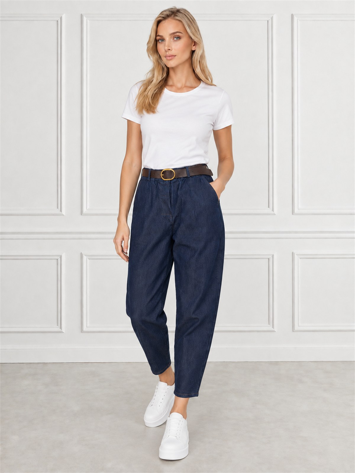 Spodnie jeans damskie z szeroką nogawką Balloon Granatowe - J262032