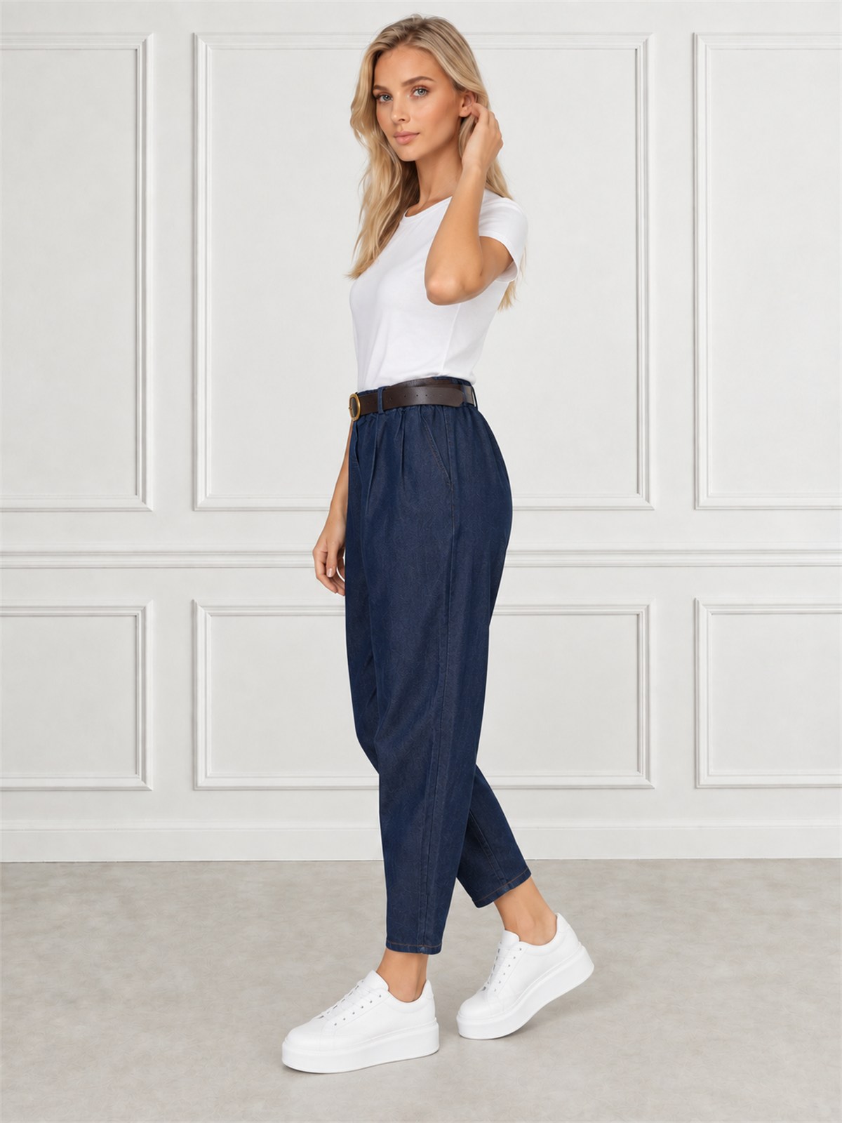 Spodnie jeans damskie z szeroką nogawką Balloon Granatowe - J262032