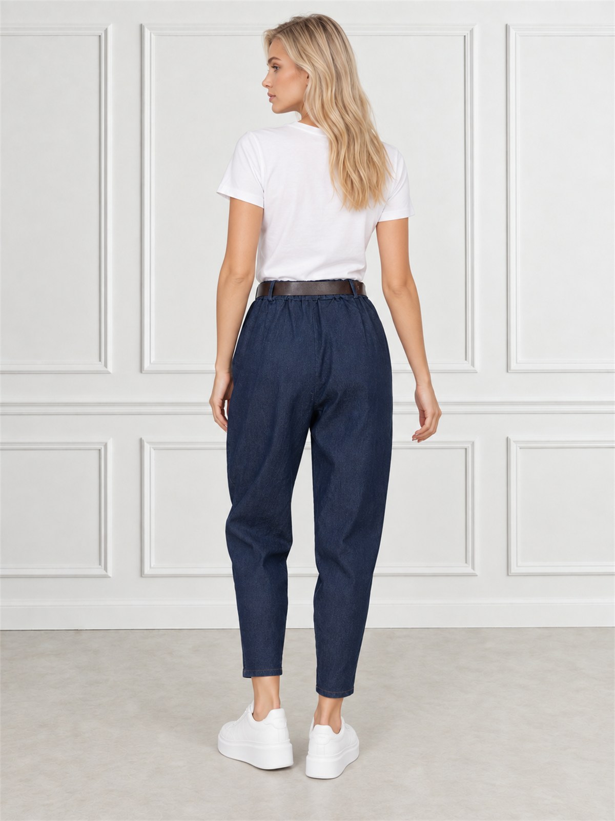 Spodnie jeans damskie z szeroką nogawką Balloon Granatowe - J262032