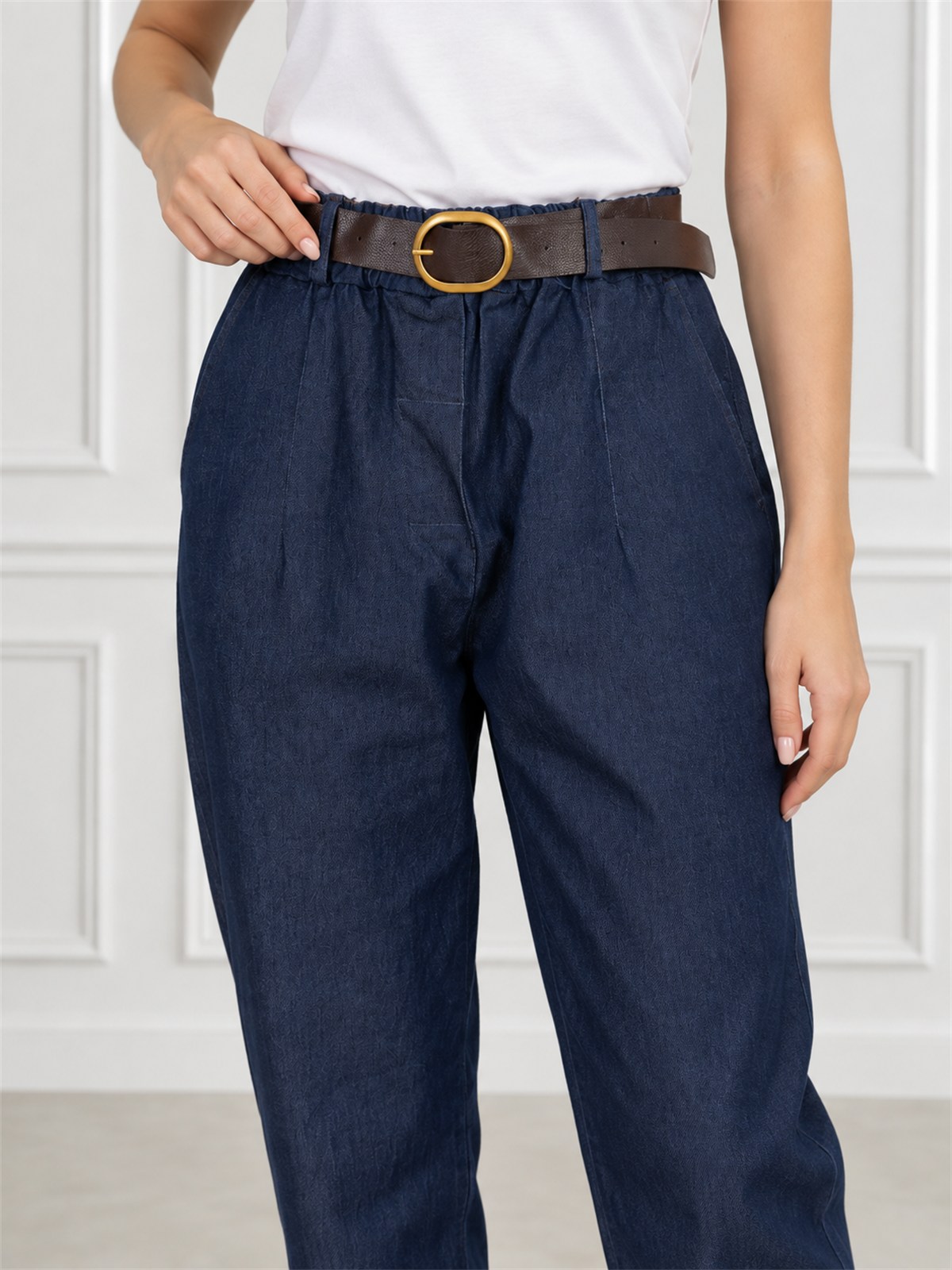 Spodnie jeans damskie z szeroką nogawką Balloon Granatowe - J262032