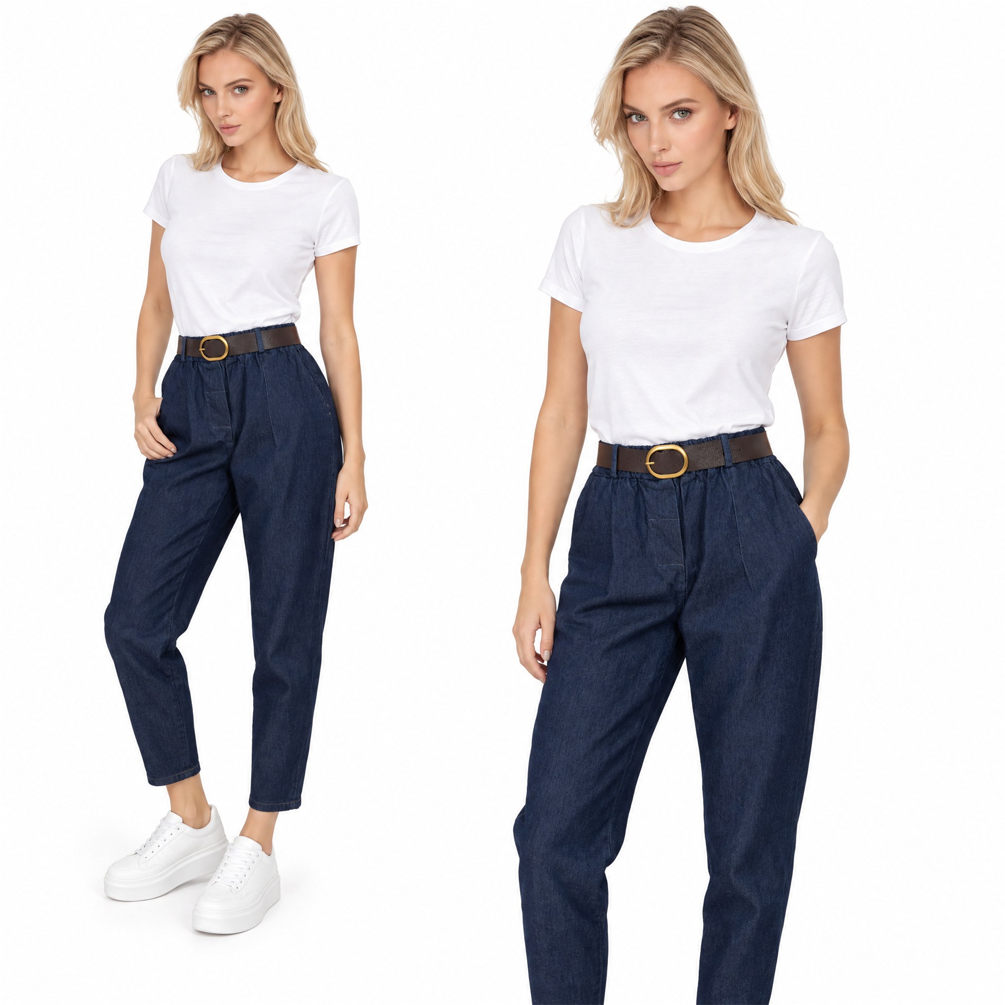 Spodnie jeans damskie z szeroką nogawką Balloon Granatowe - J262032