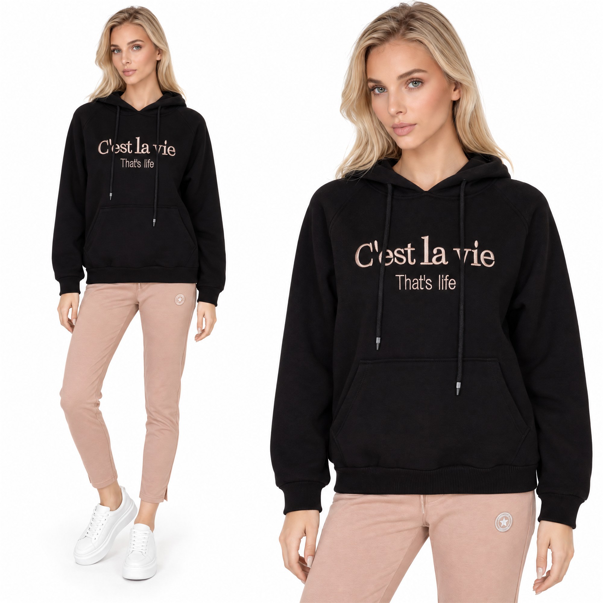 Bluza dresowa kangurka damska z kapturem Megi Czarna - W252399