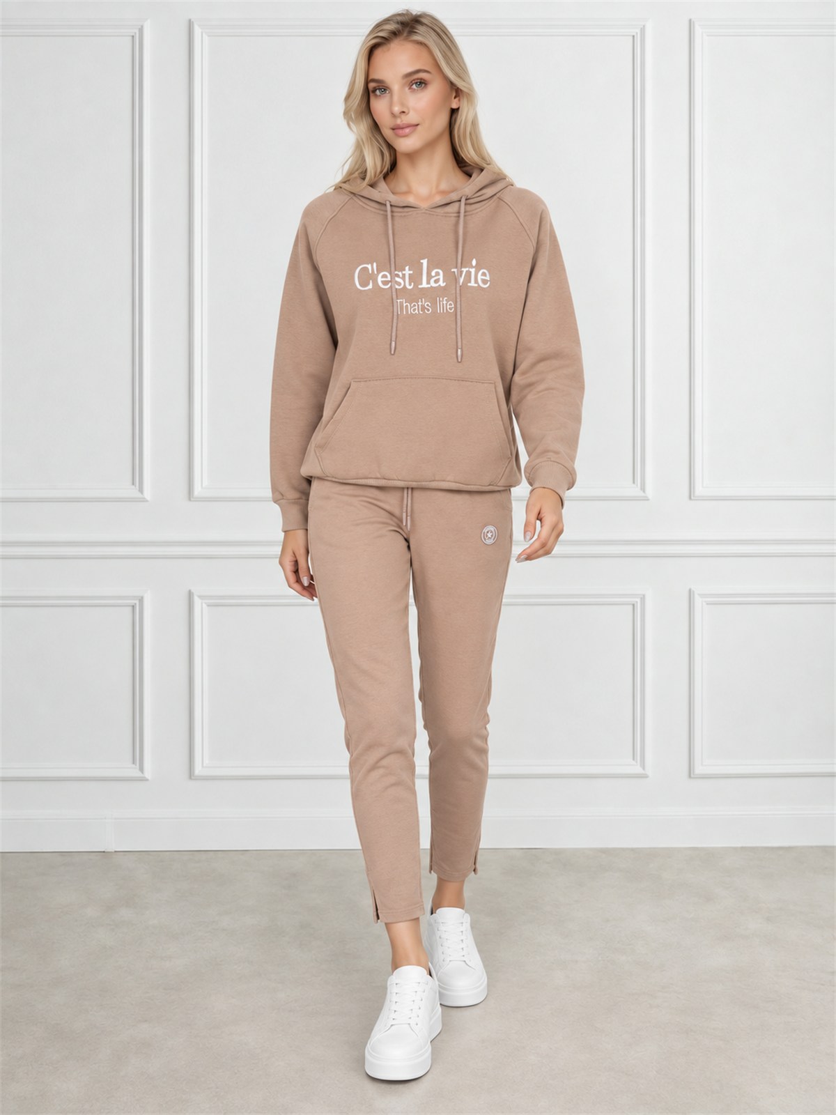 Bluza dresowa kangurka damska z kapturem Megi Beżowa - W252399