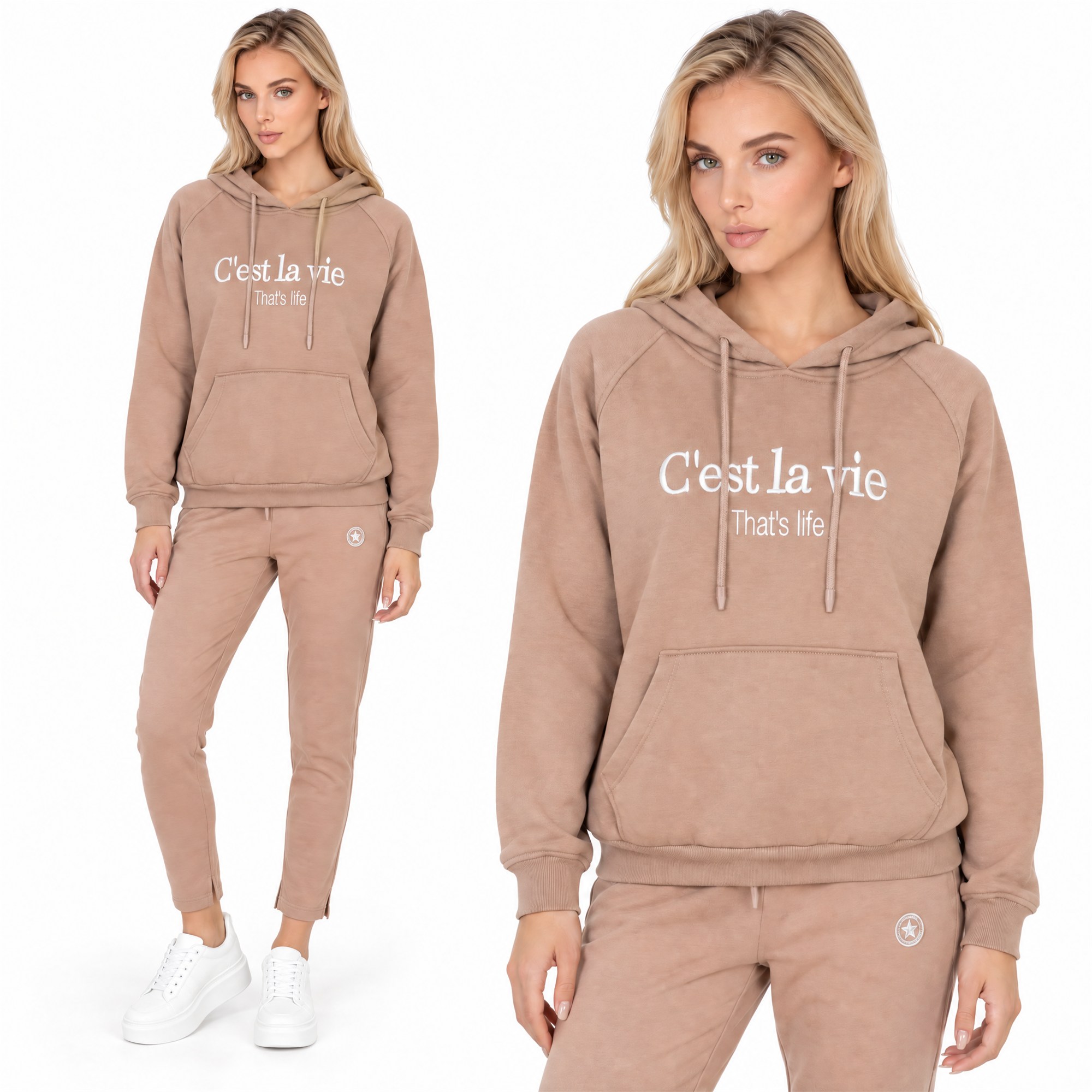Bluza dresowa kangurka damska z kapturem Megi Beżowa - W252399