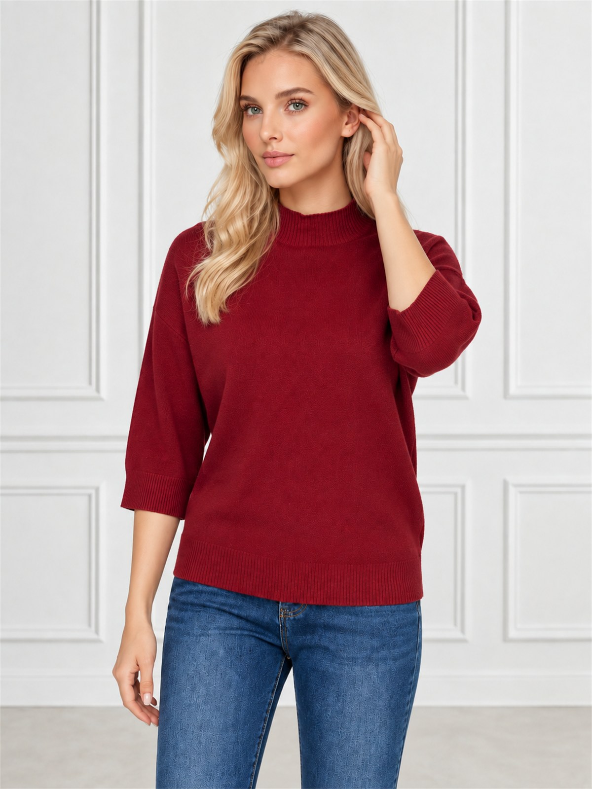 Sweter damski półgolf rękaw 3/4 Bordowy - J261968