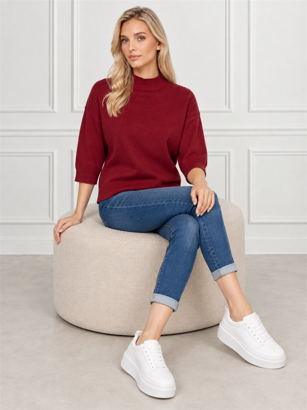 Sweter damski półgolf rękaw 3/4 Bordowy - J261968