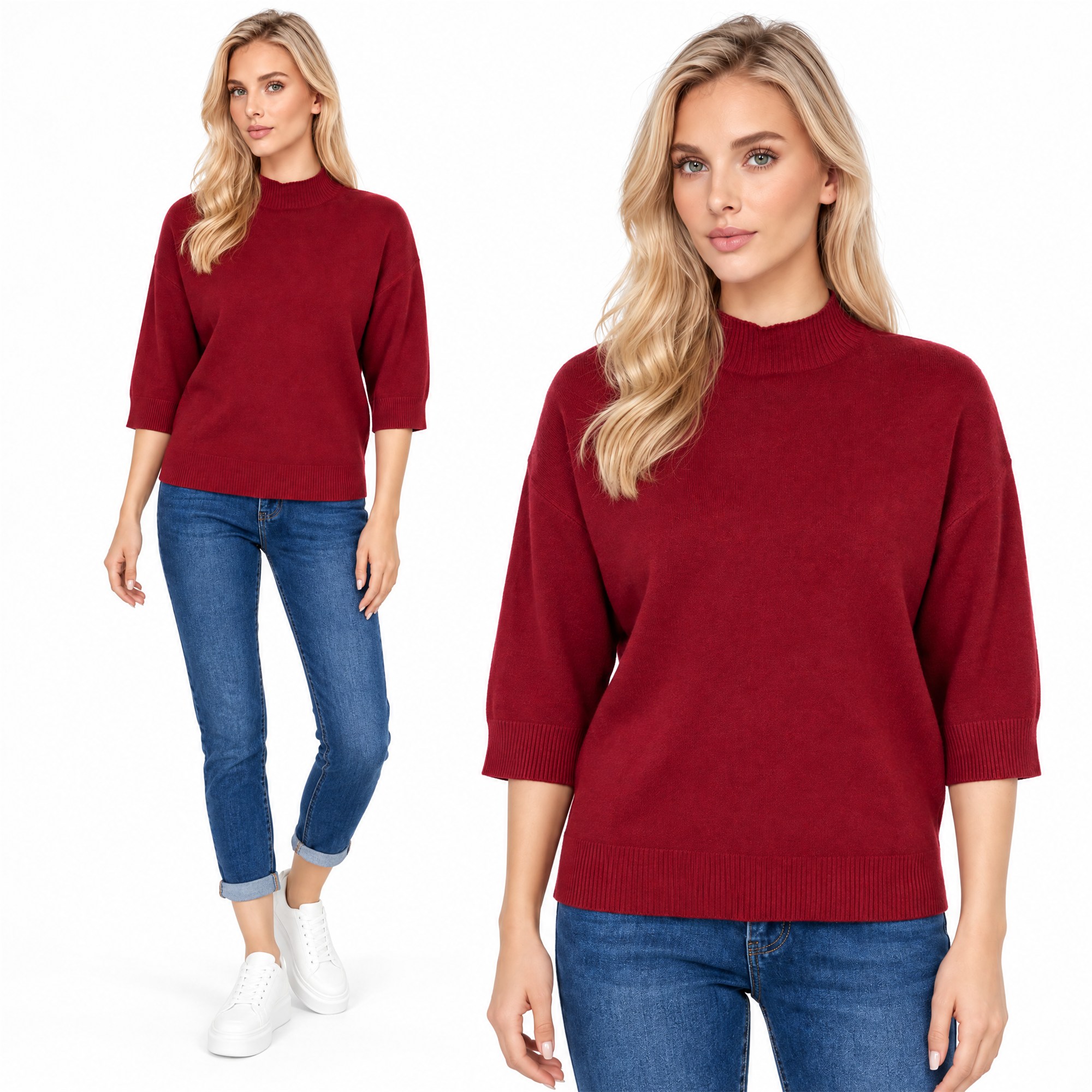 Sweter damski półgolf rękaw 3/4 Bordowy - J261968