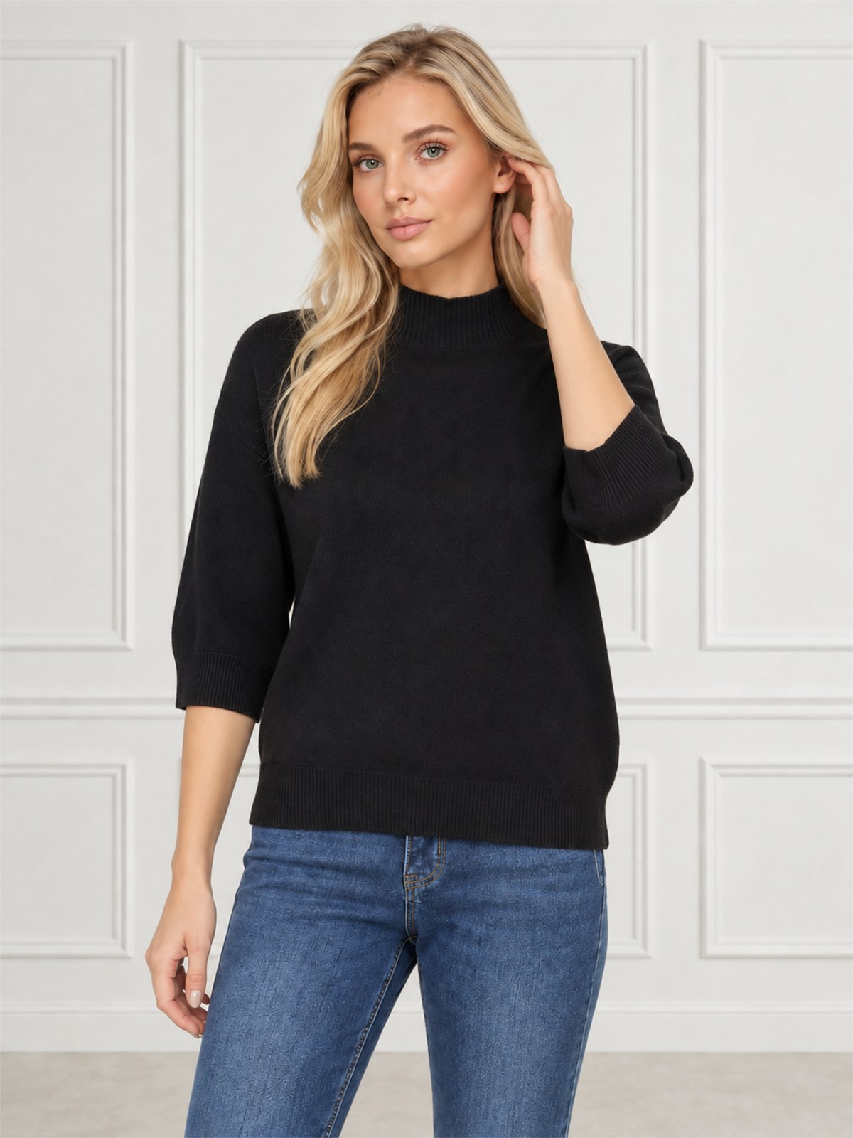 Sweter damski półgolf rękaw 3/4 Czarny - J261968