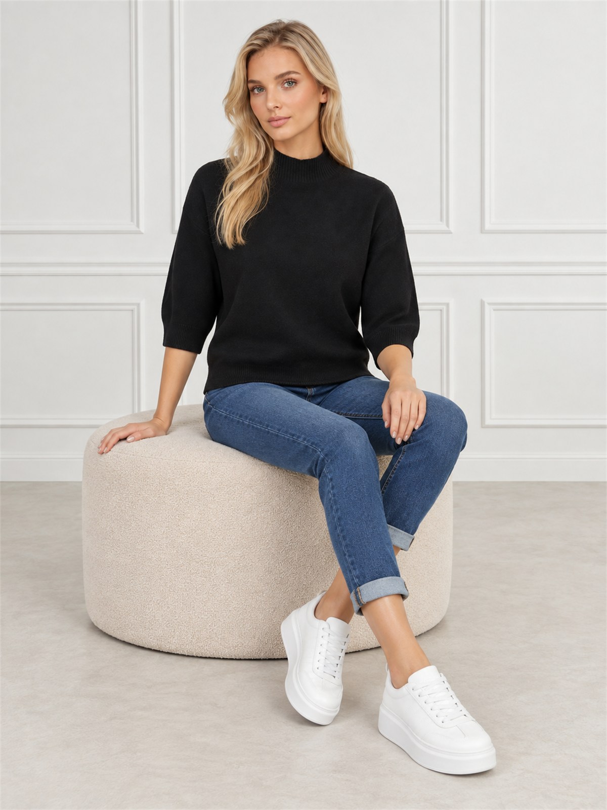 Sweter damski półgolf rękaw 3/4 Czarny - J261968