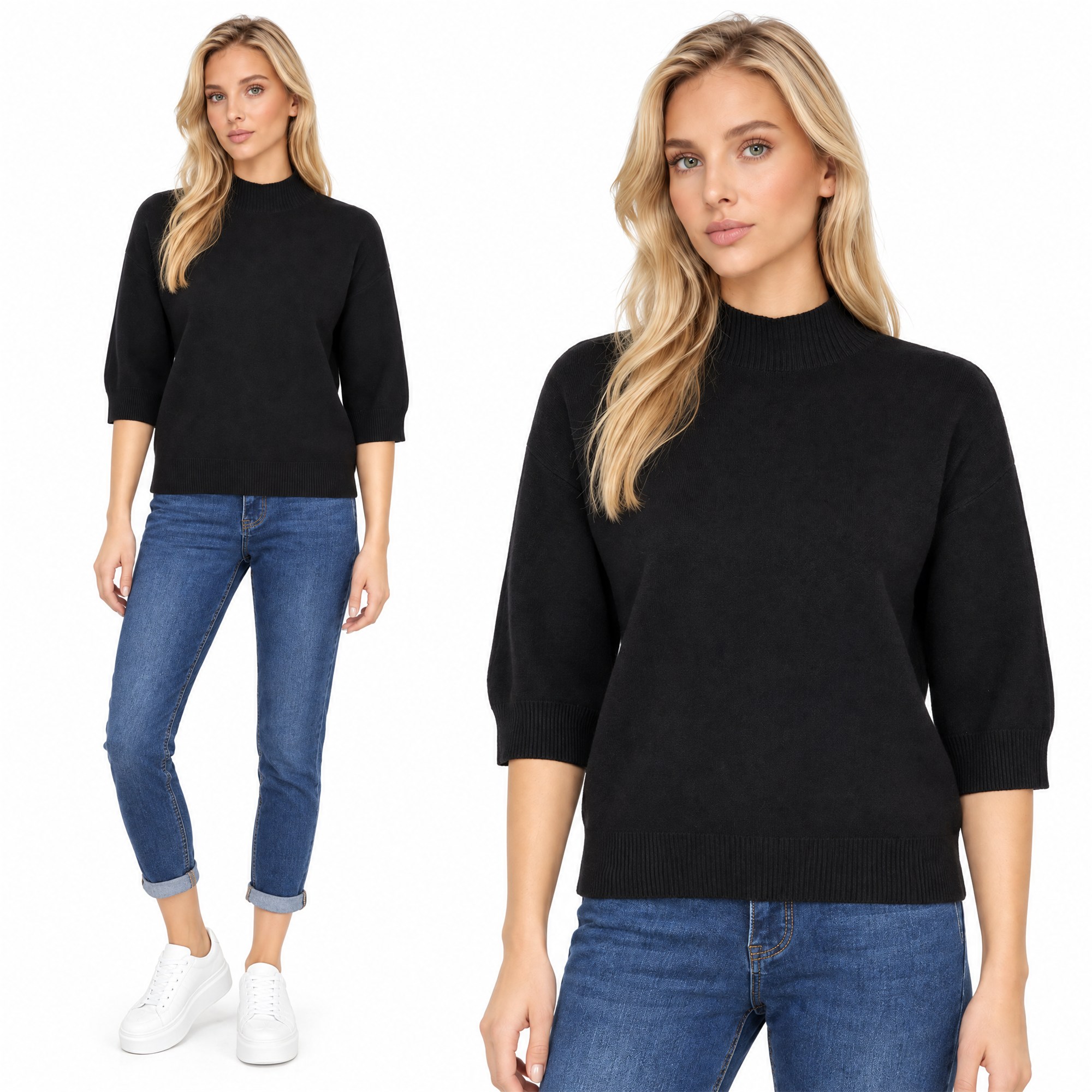 Sweter damski półgolf rękaw 3/4 Czarny - J261968