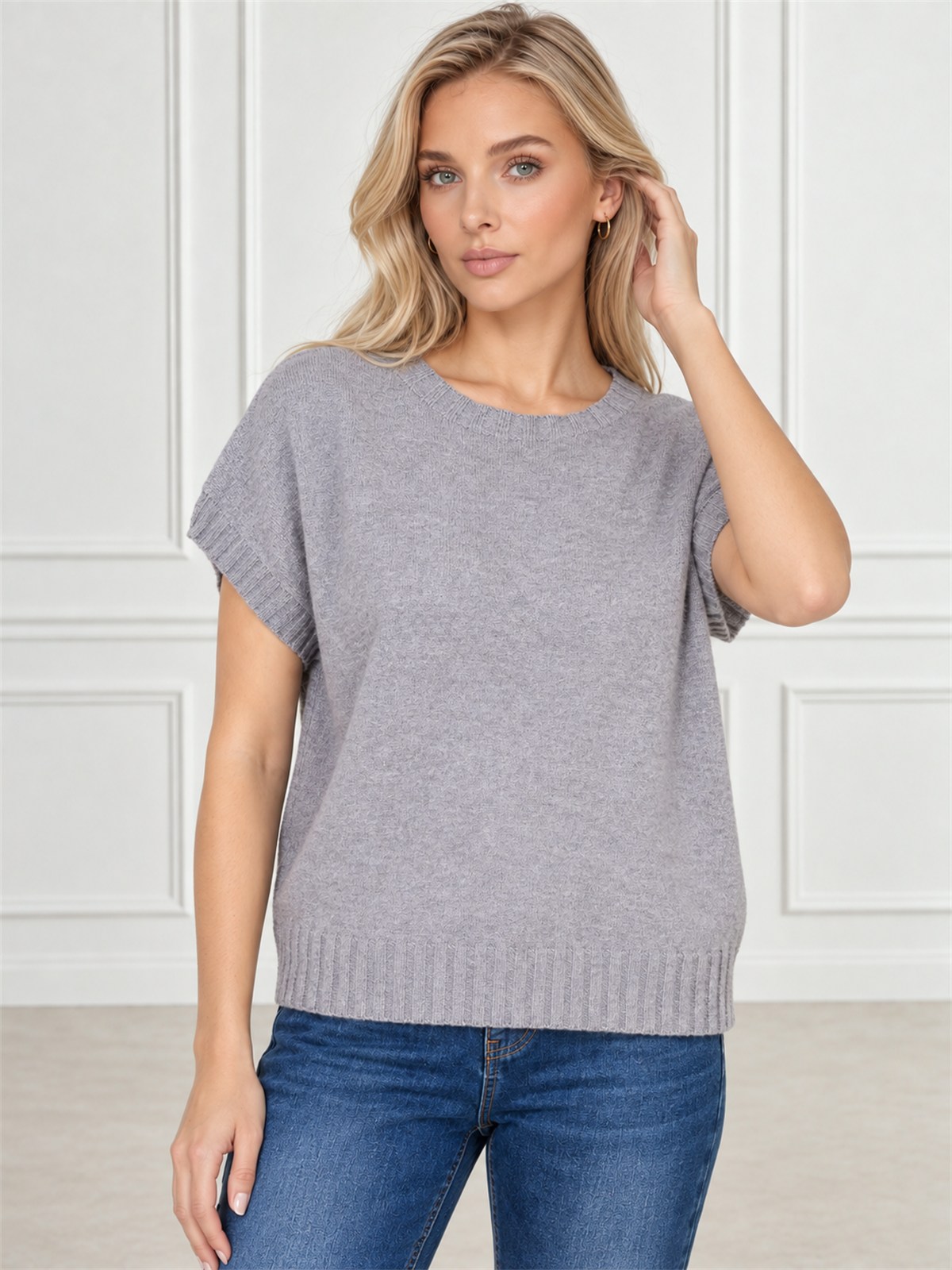 Sweter damski na krótki rękaw Szary - J261964