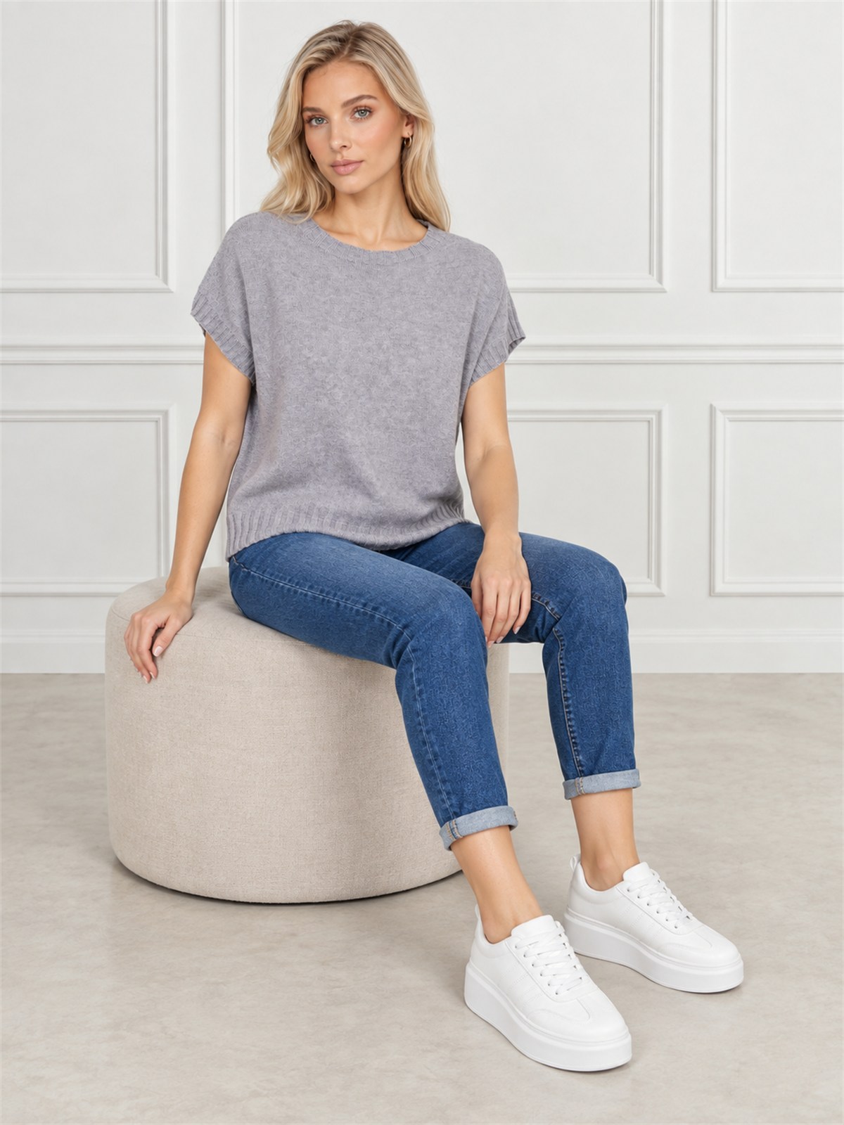 Sweter damski na krótki rękaw Szary - J261964