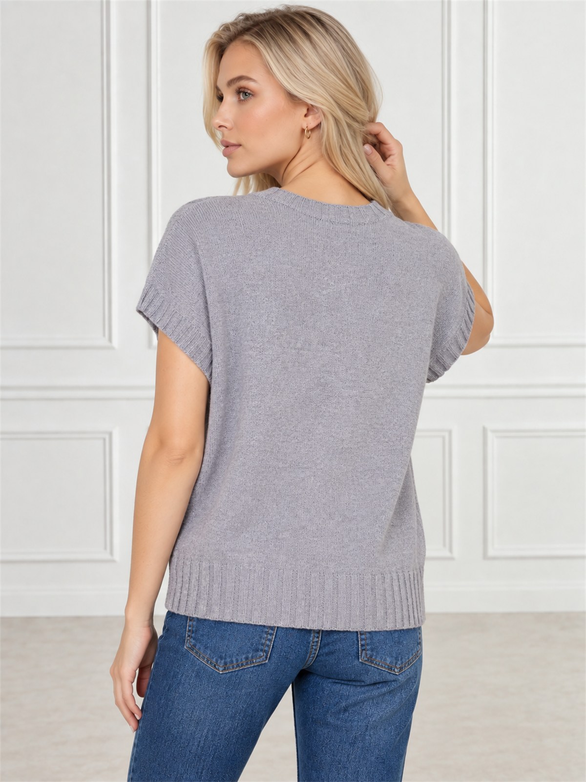 Sweter damski na krótki rękaw Szary - J261964