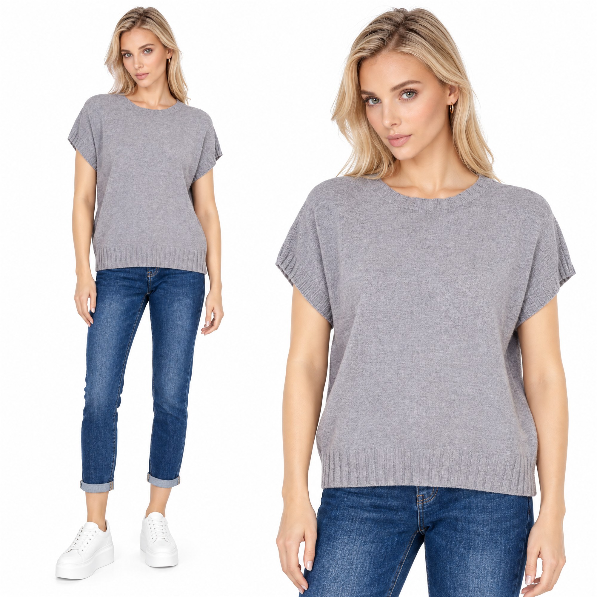 Sweter damski na krótki rękaw Szary - J261964