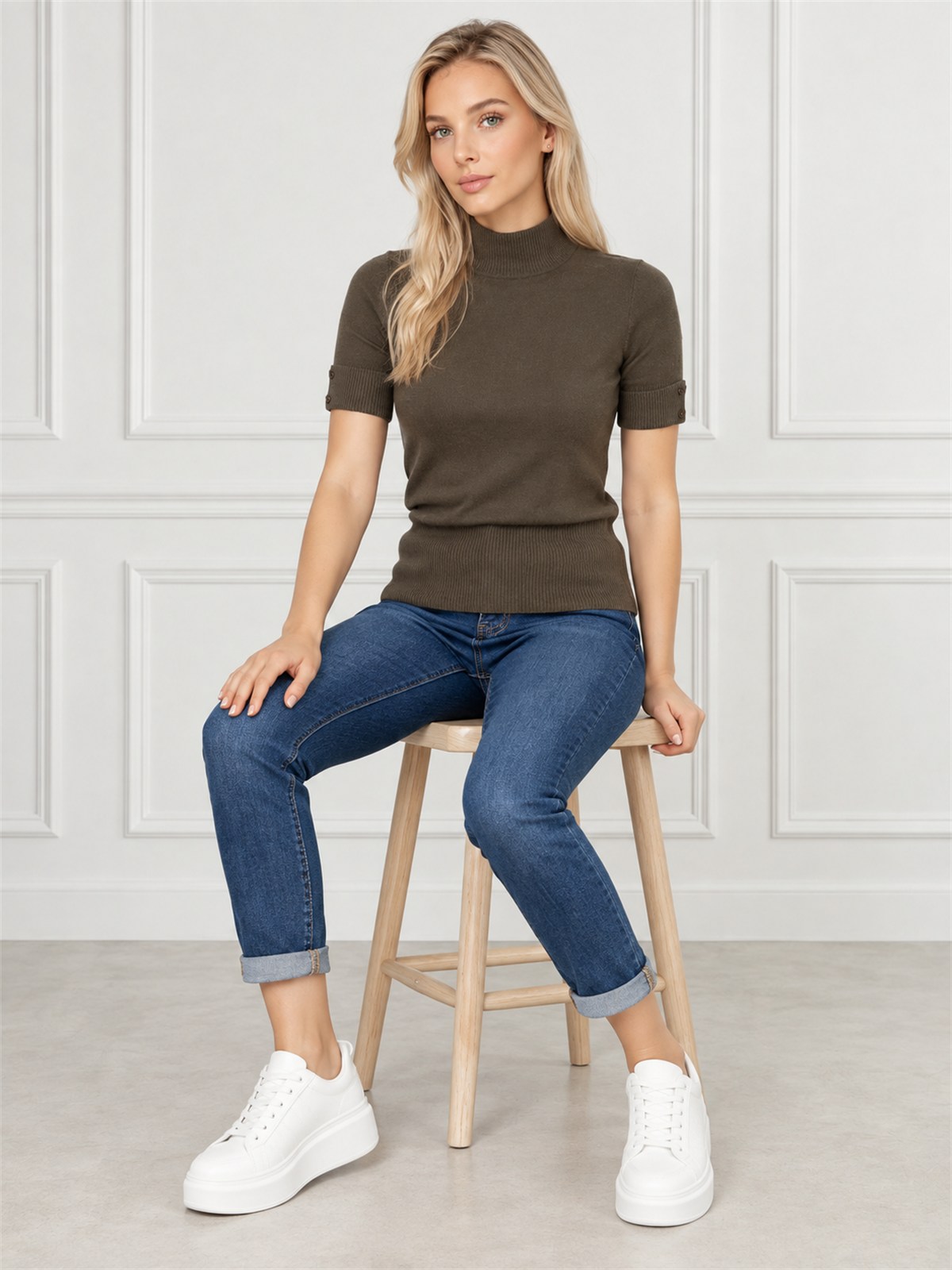 Sweter półgolf dzianinowy z krótkim rękawem Khaki - J232242