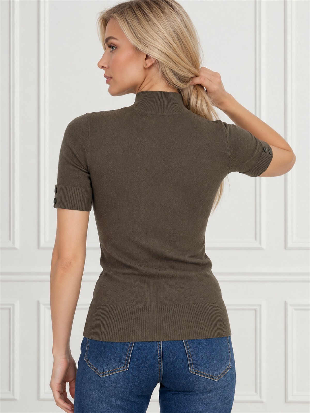 Sweter półgolf dzianinowy z krótkim rękawem Khaki - J232242