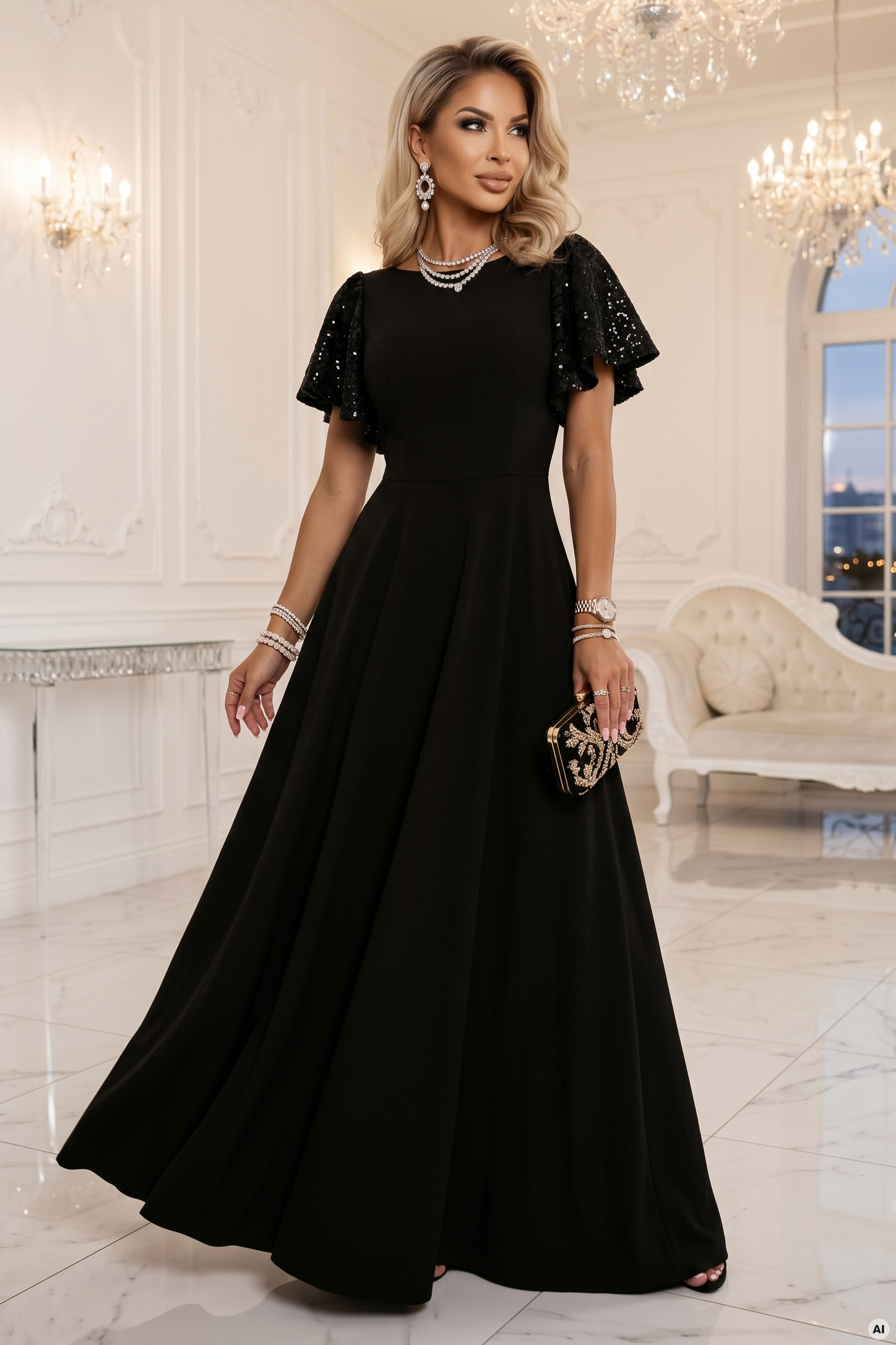 694-1 MIRELLA Elegancka rozkloszowana sukienka maxi z cekinowymi rękawkami - czarna-1 68721 