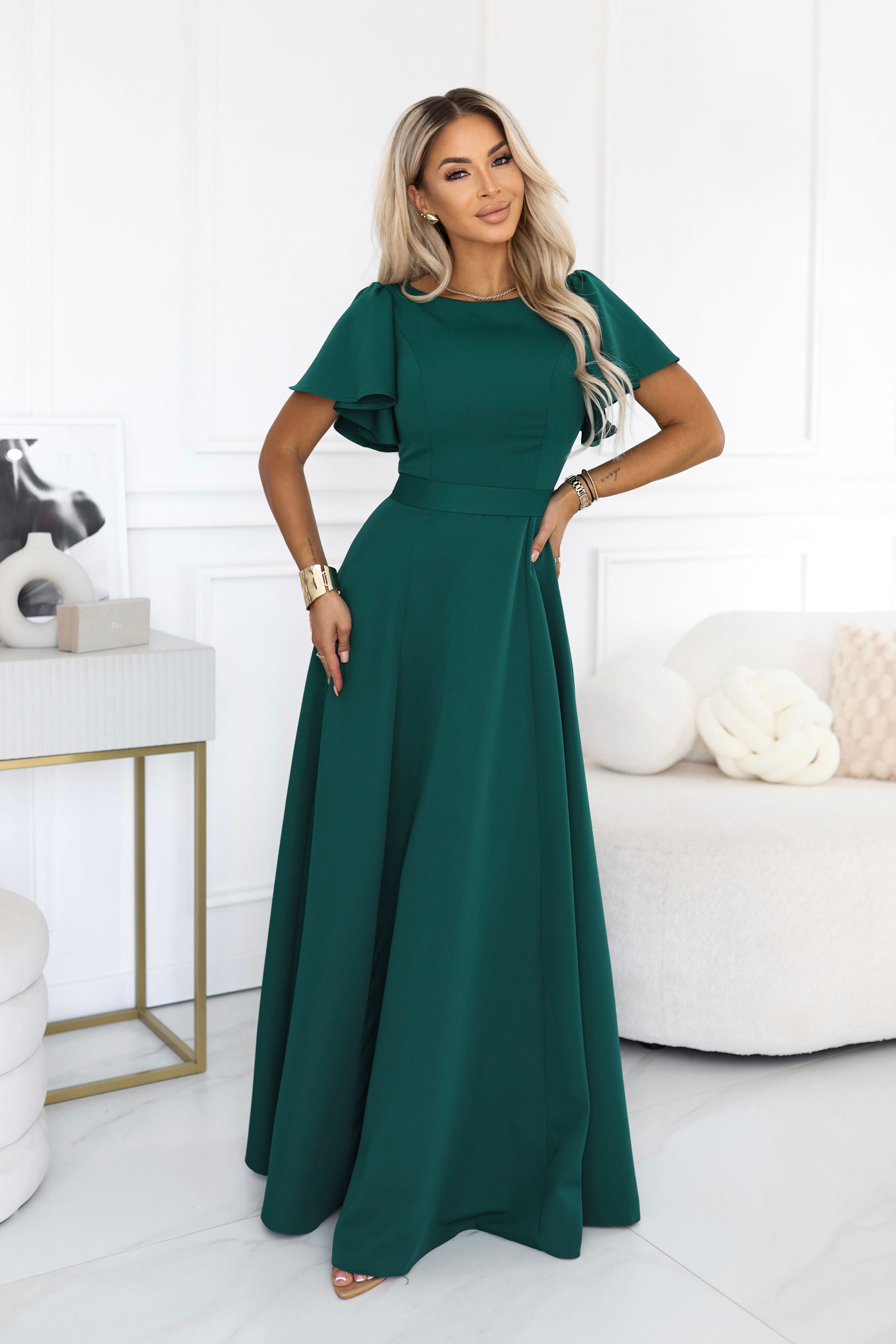 694-5 MIRELLA Rozkloszowana sukienka maxi z krótkim rękawkiem - butelkowa zieleń-9 68723 