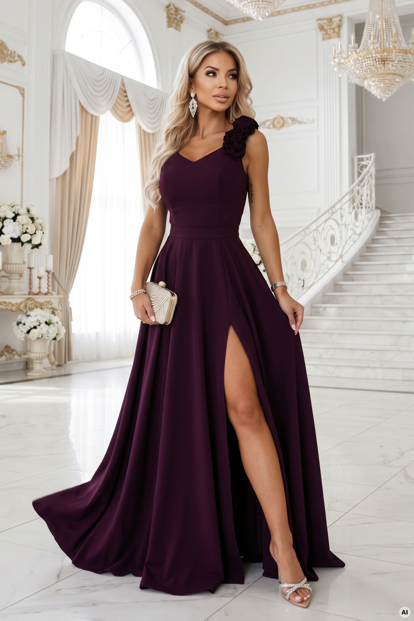 643-11 Elegancka wieczorowa suknia maxi z rozcięciem i różami - dojrzała śliwka-5 68731 