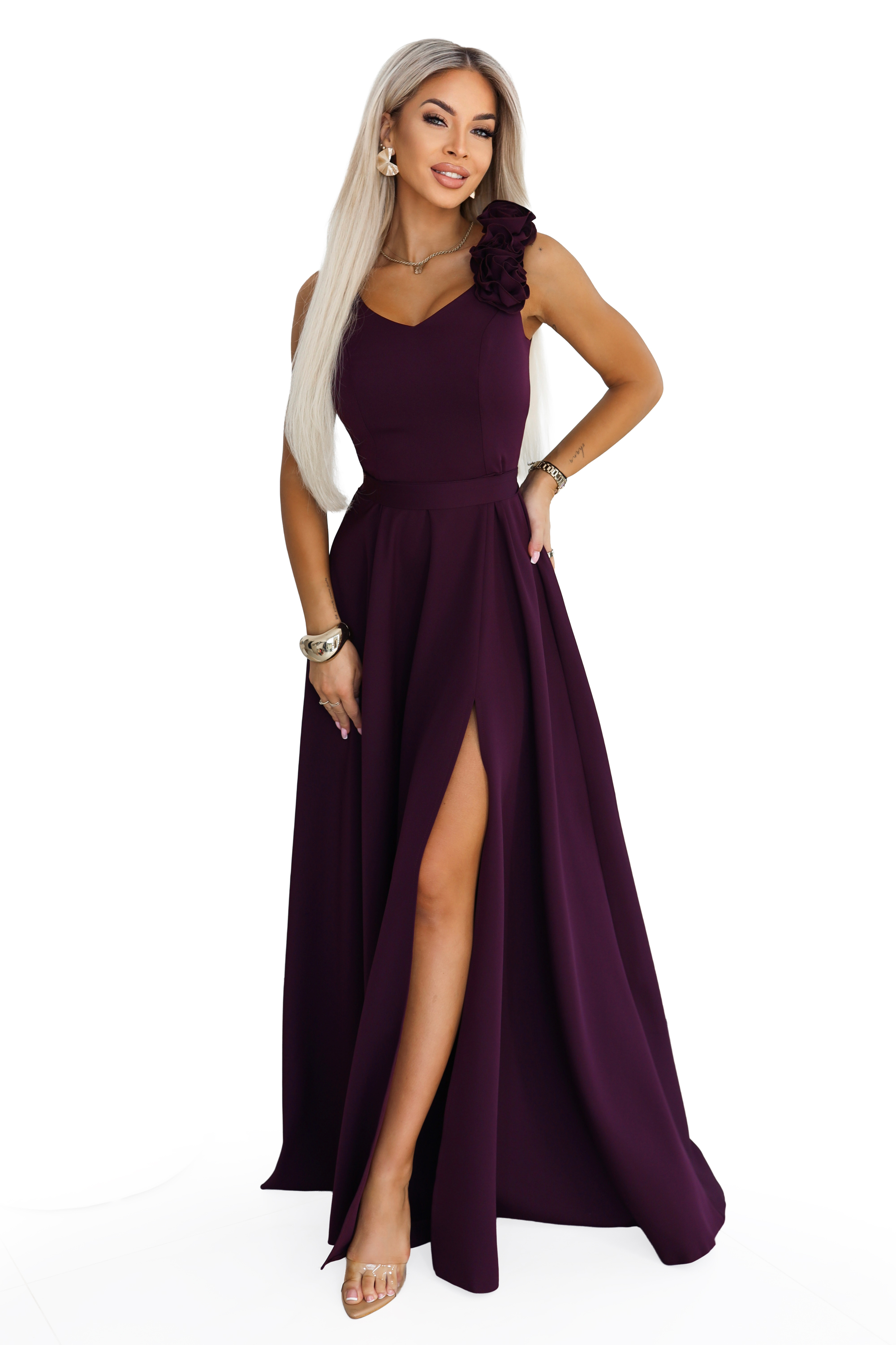 643-11 Elegancka wieczorowa suknia maxi z rozcięciem i różami - dojrzała śliwka-10 68731 