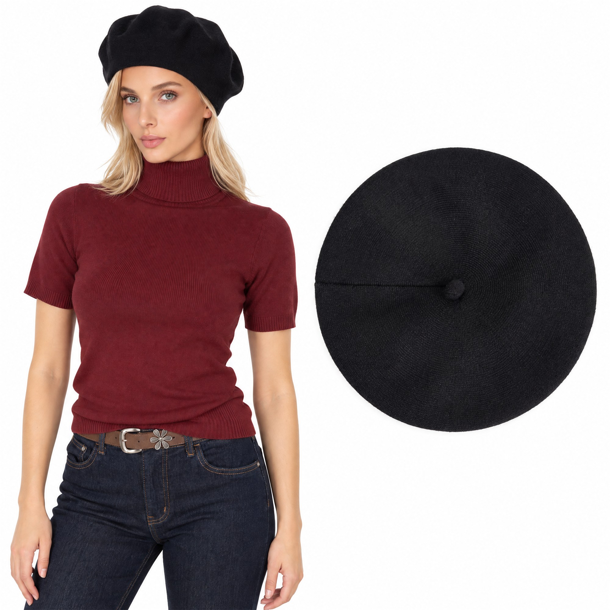 Damski beret Czapka wiskozowa ciepły miękki Czarny - J262131