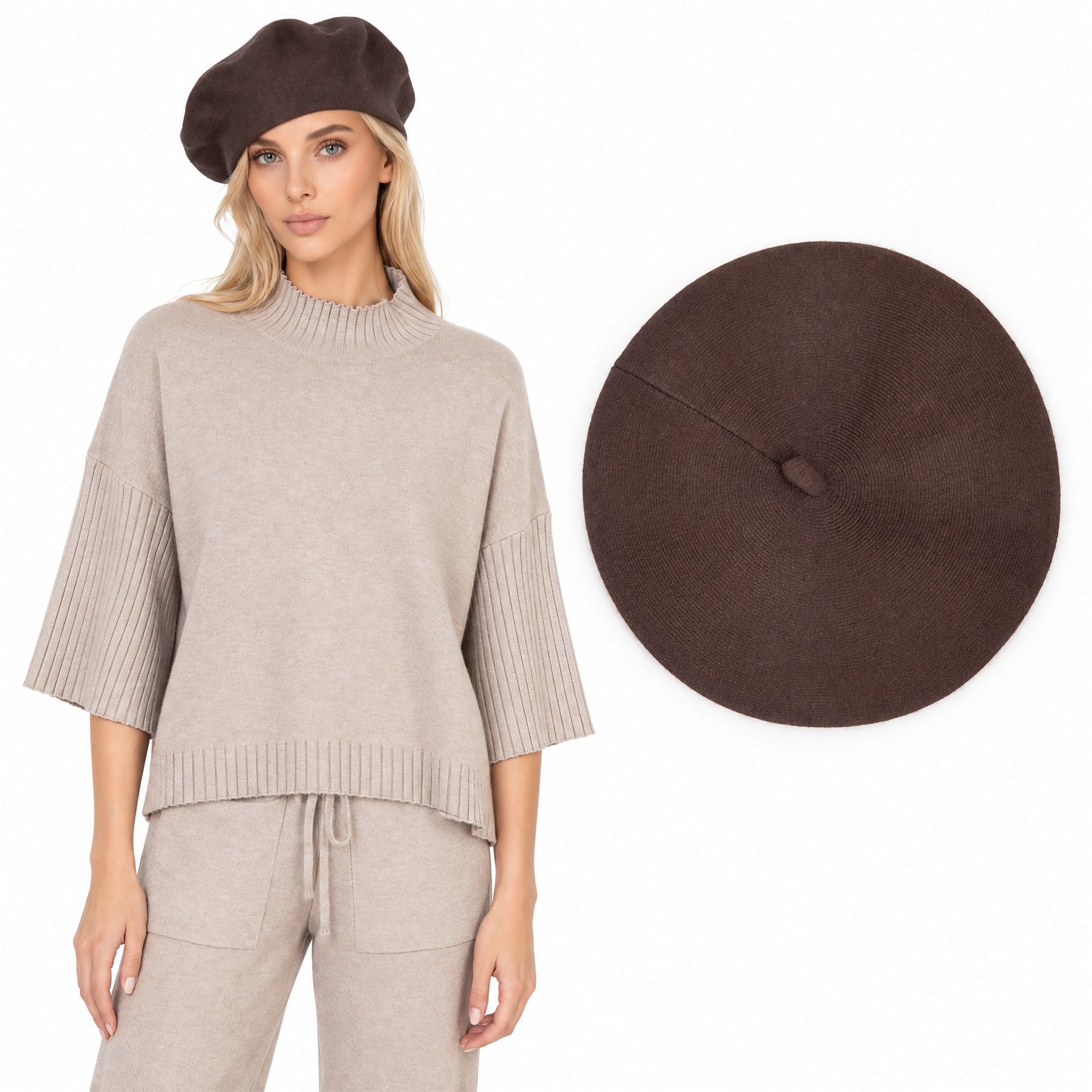Damski beret Czapka wiskozowa ciepły miękki Czekoladowy - J262131