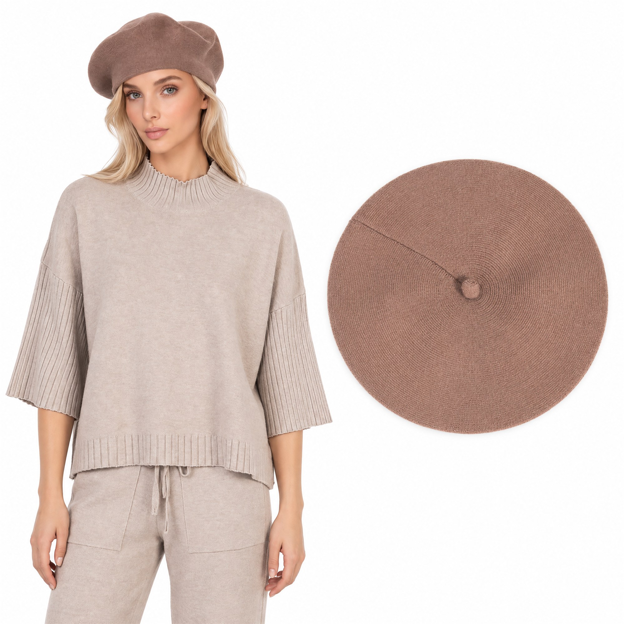 Damski beret Czapka wiskozowa ciepły miękki Cappuccino - J262131