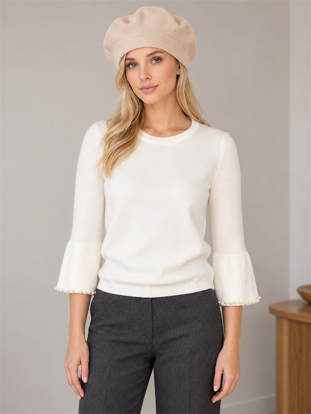 Damski beret Czapka wiskozowa ciepły miękki Beżowy - J262131