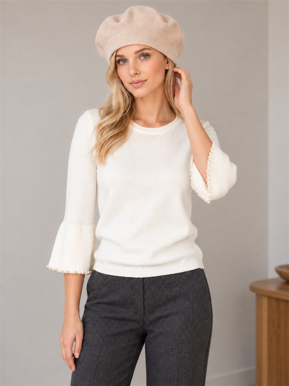 Damski beret Czapka wiskozowa ciepły miękki Beżowy - J262131