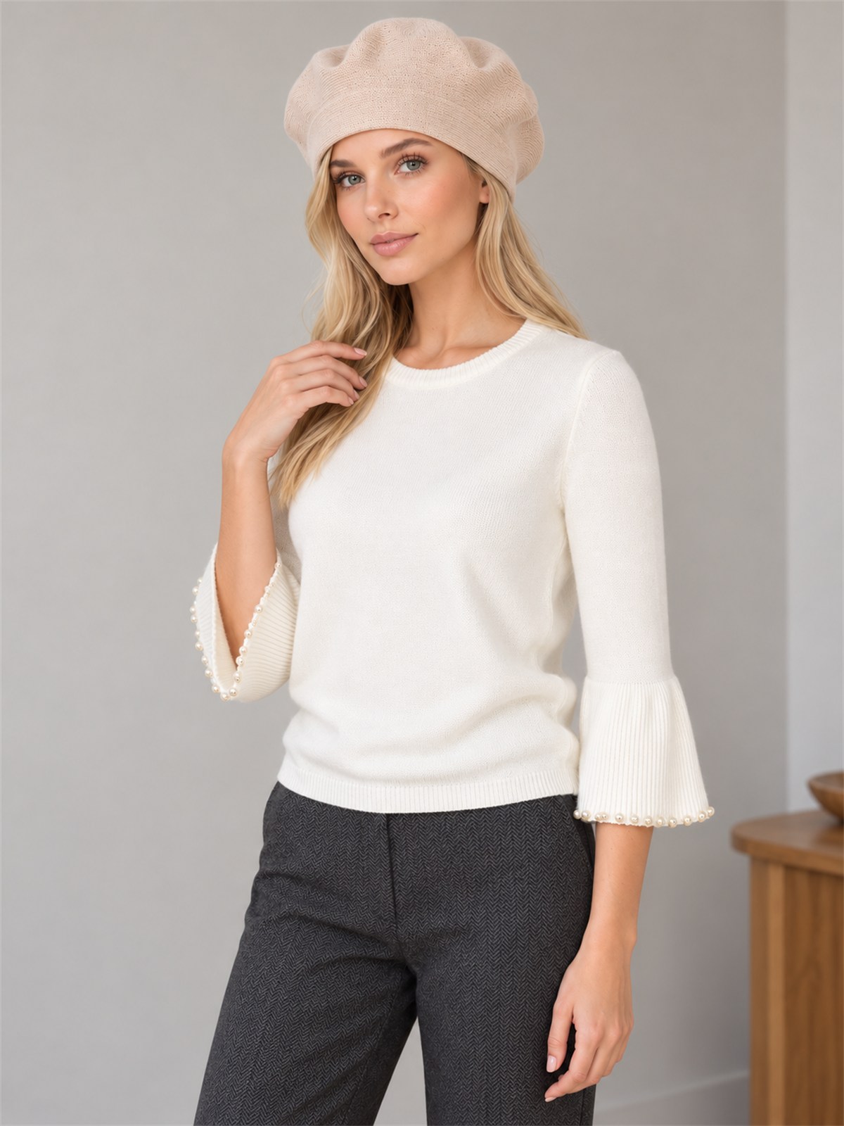 Damski beret Czapka wiskozowa ciepły miękki Beżowy - J262131