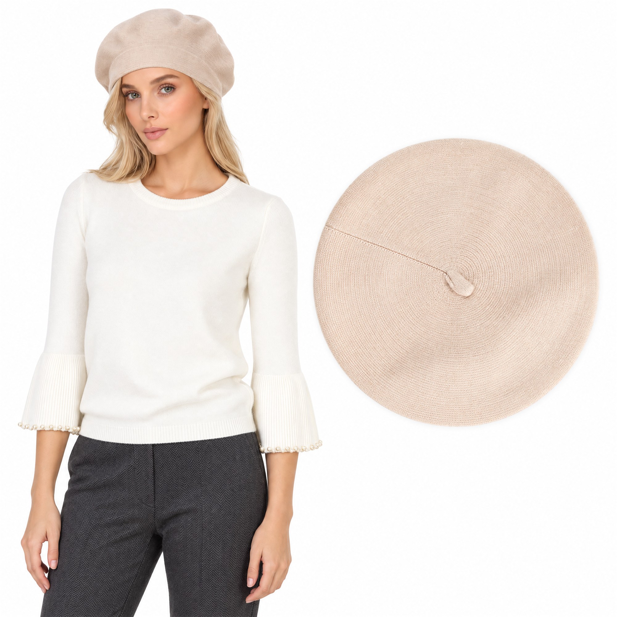 Damski beret Czapka wiskozowa ciepły miękki Beżowy - J262131