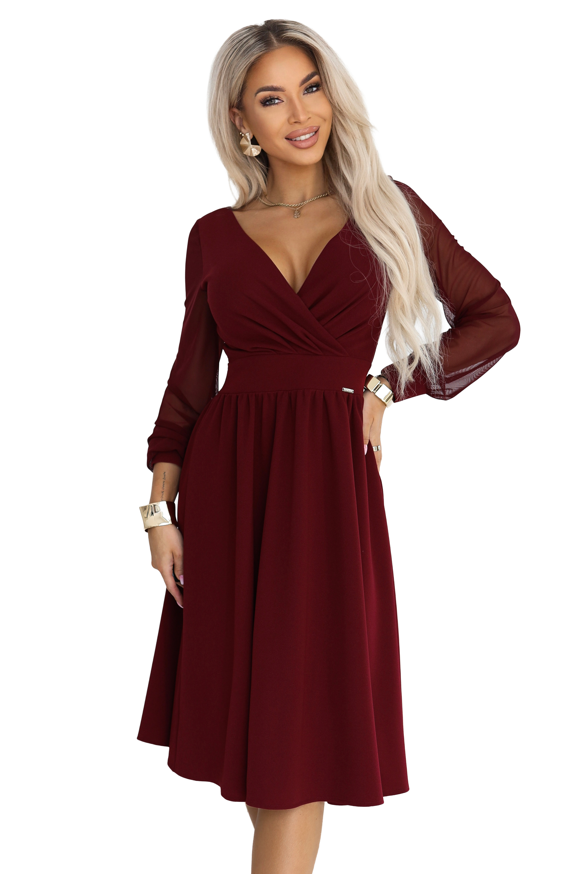 657-3 Elegancka sukienka midi z kopertowym dekoltem i tiulowymi rękawami - bordowa-9 68802 