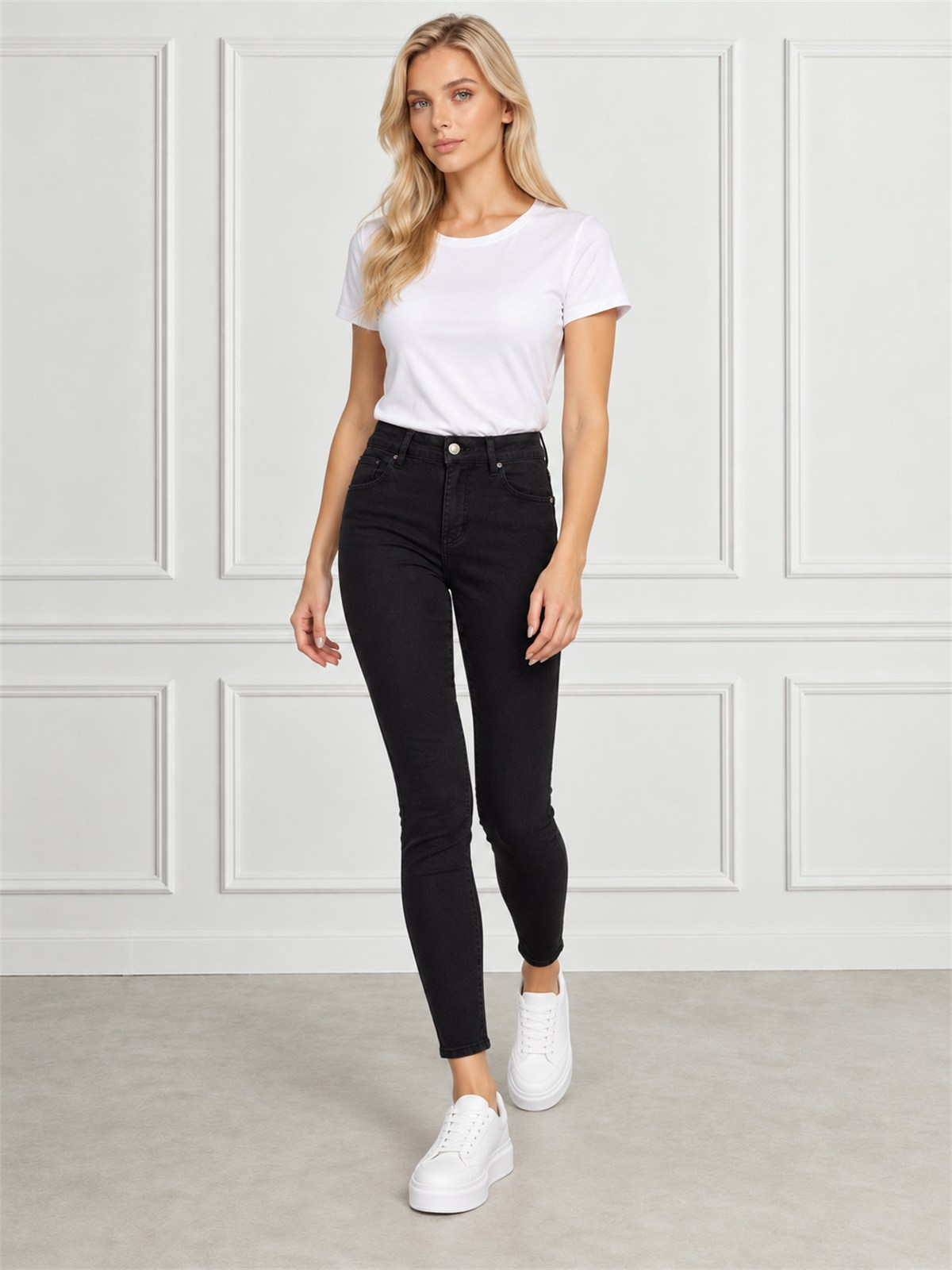 Spodnie jeans rurki damskie M.Sara wyszczuplające Push Up Czarne - W262287