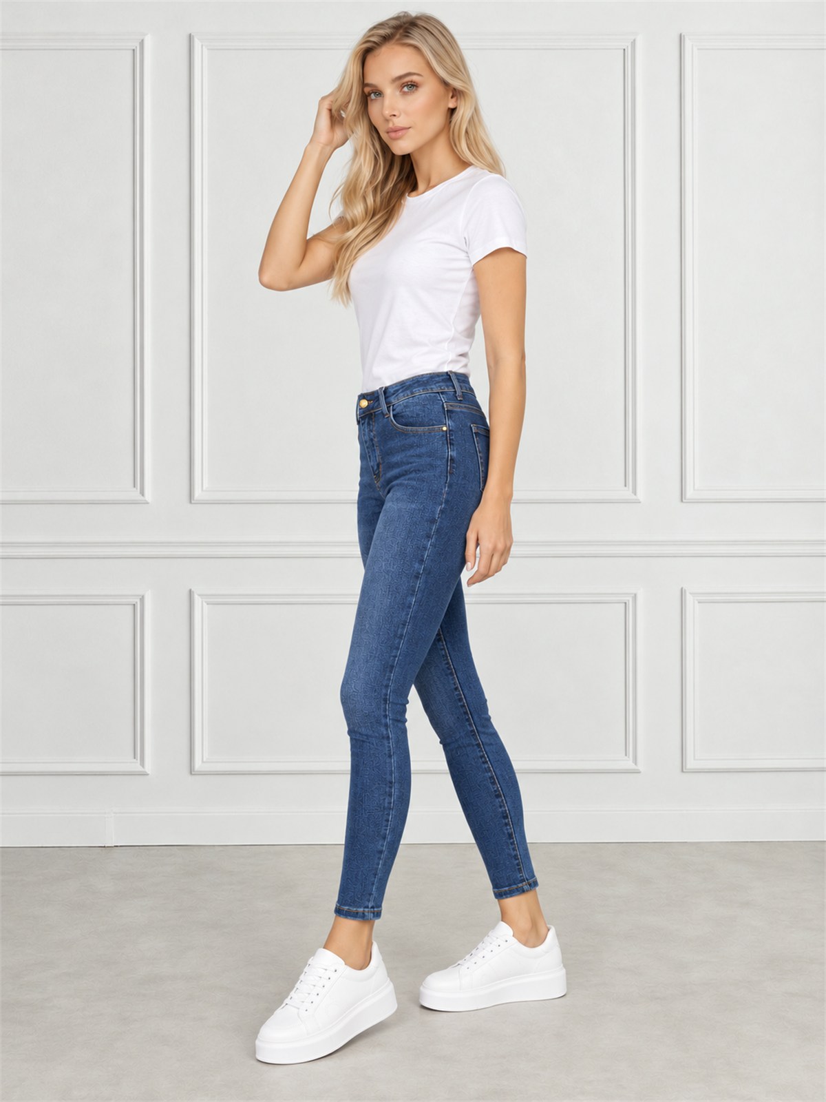 Spodnie jeans rurki damskie M.Sara Push Up wyszczuplające Niebieskie - J262281