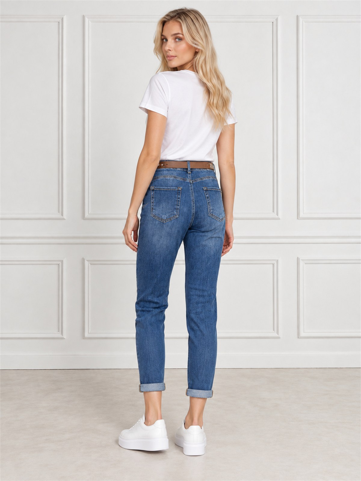 Spodnie jeans damskie M.Sara Boyfriend wysoki stan Niebieskie - J262330