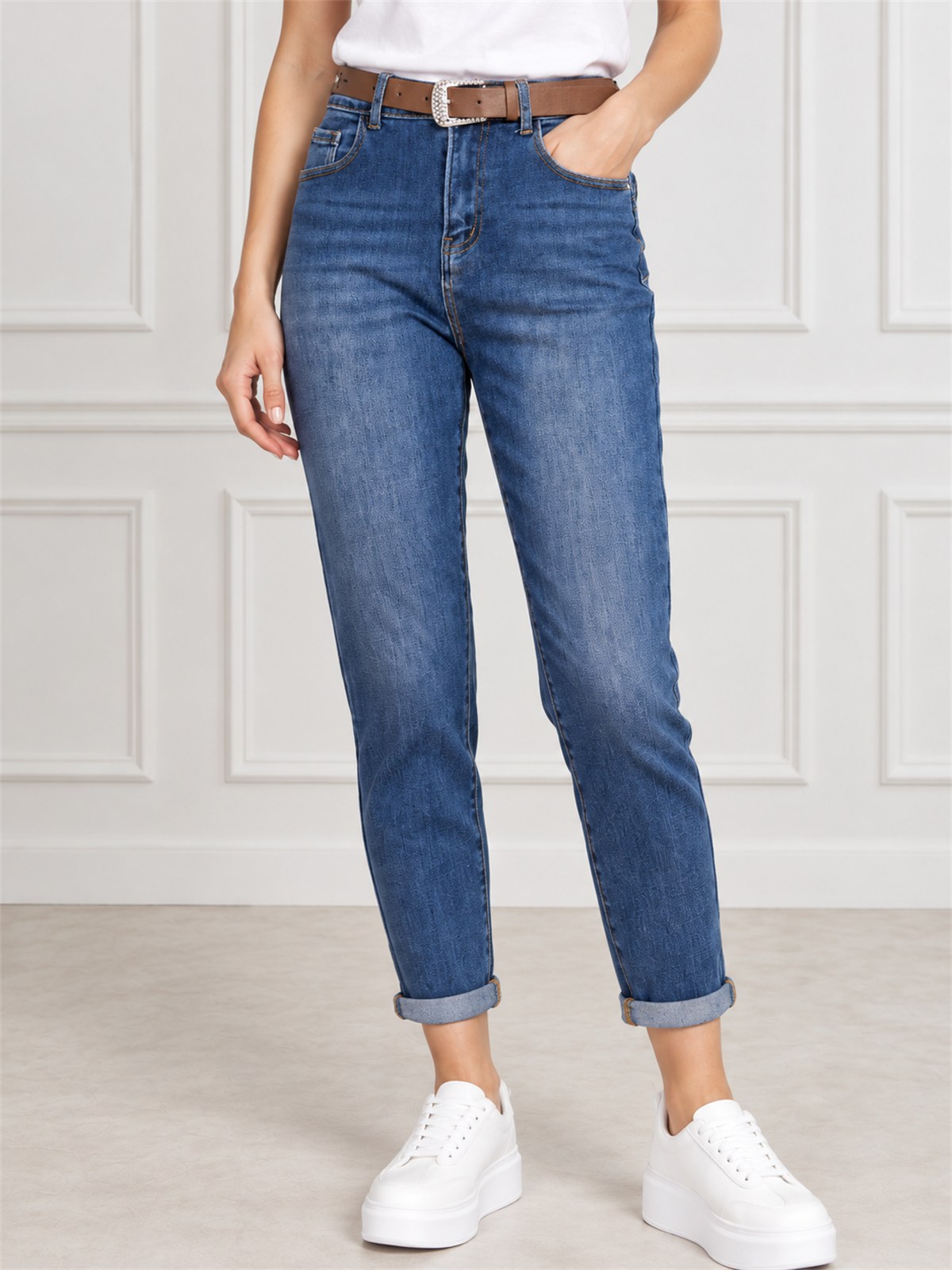 Spodnie jeans damskie M.Sara Boyfriend wysoki stan Niebieskie - J262330