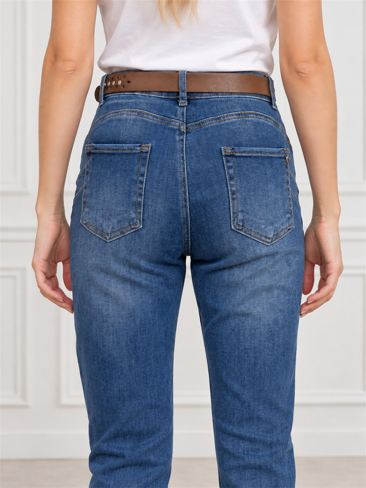 Spodnie jeans damskie M.Sara Boyfriend wysoki stan Niebieskie - J262330