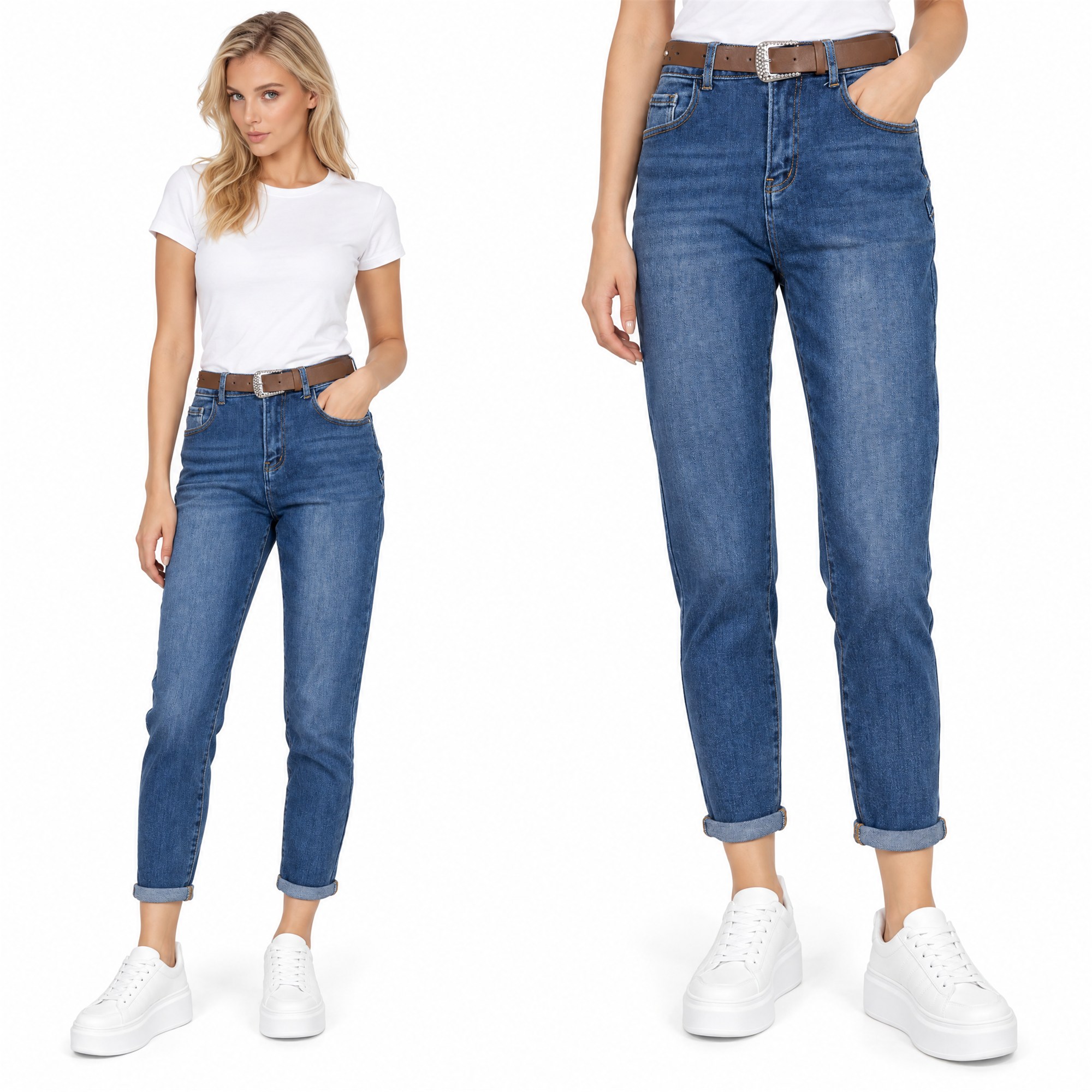 Spodnie jeans damskie M.Sara Boyfriend wysoki stan Niebieskie - J262330