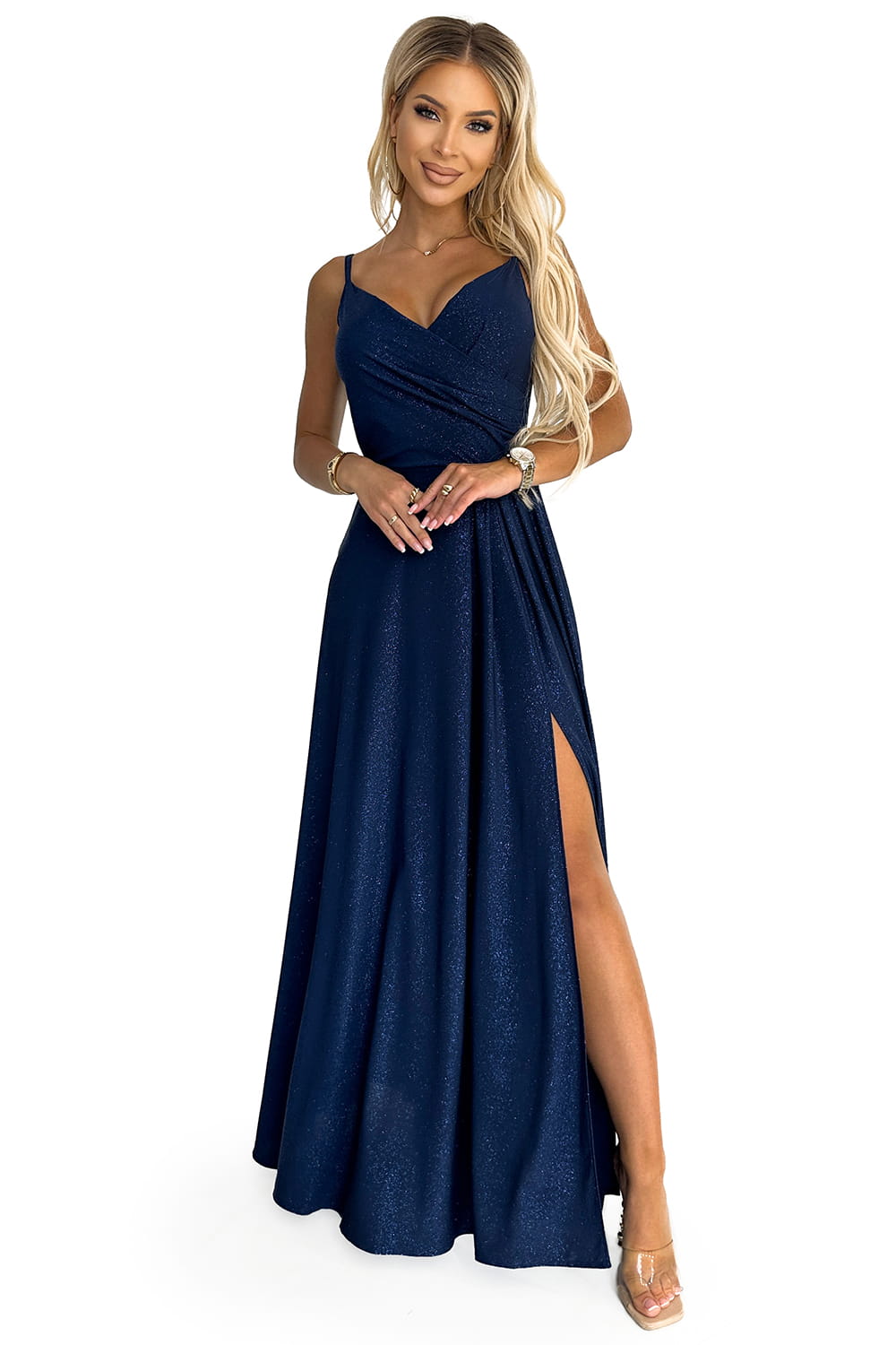 47211299-10 CHIARA elegancka maxi suknia na ramiączkach - GRANATOWA Z BROKATEM-7